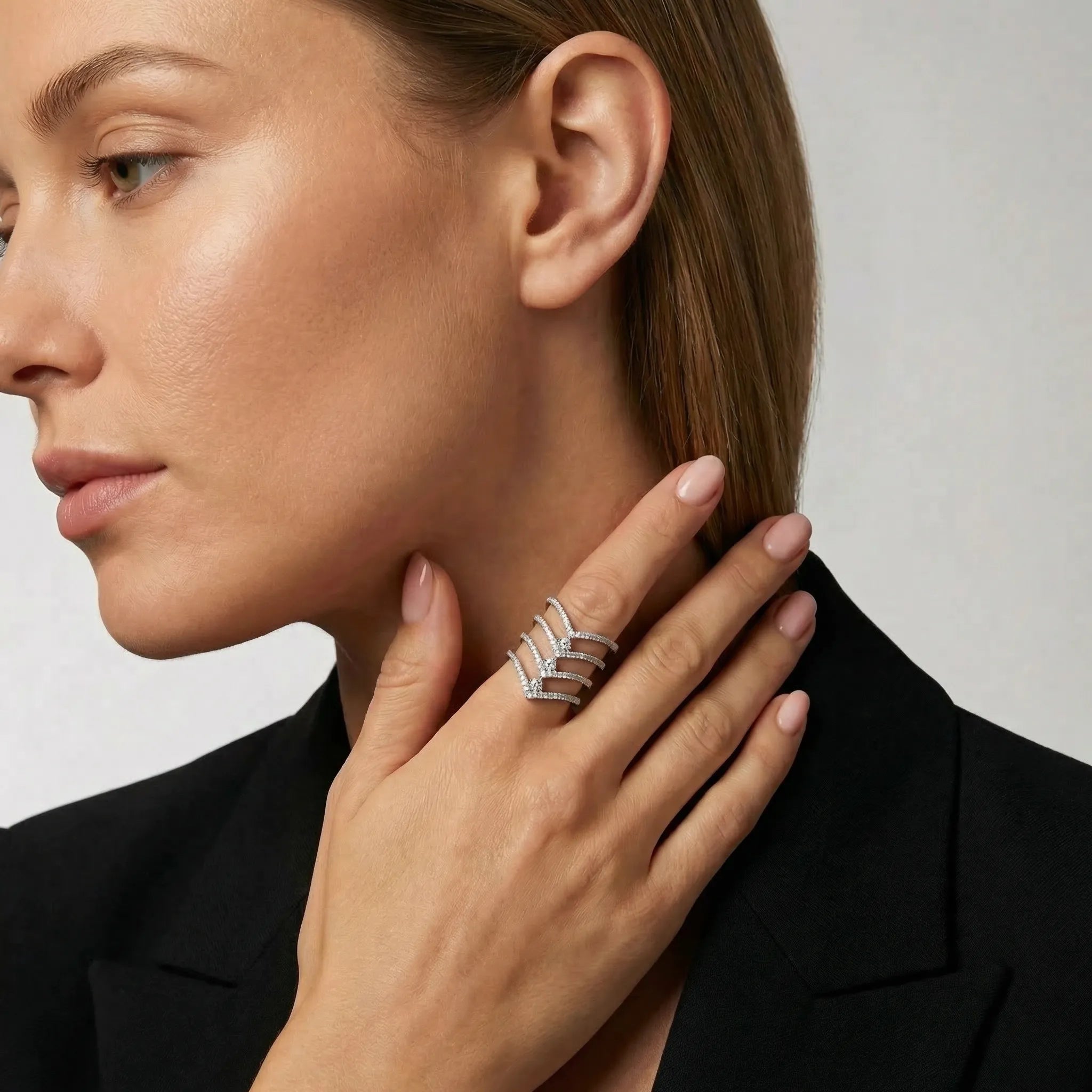 Three Dots Cz Multi Layer V-Shaped Ring - Silver Dot White / Line White