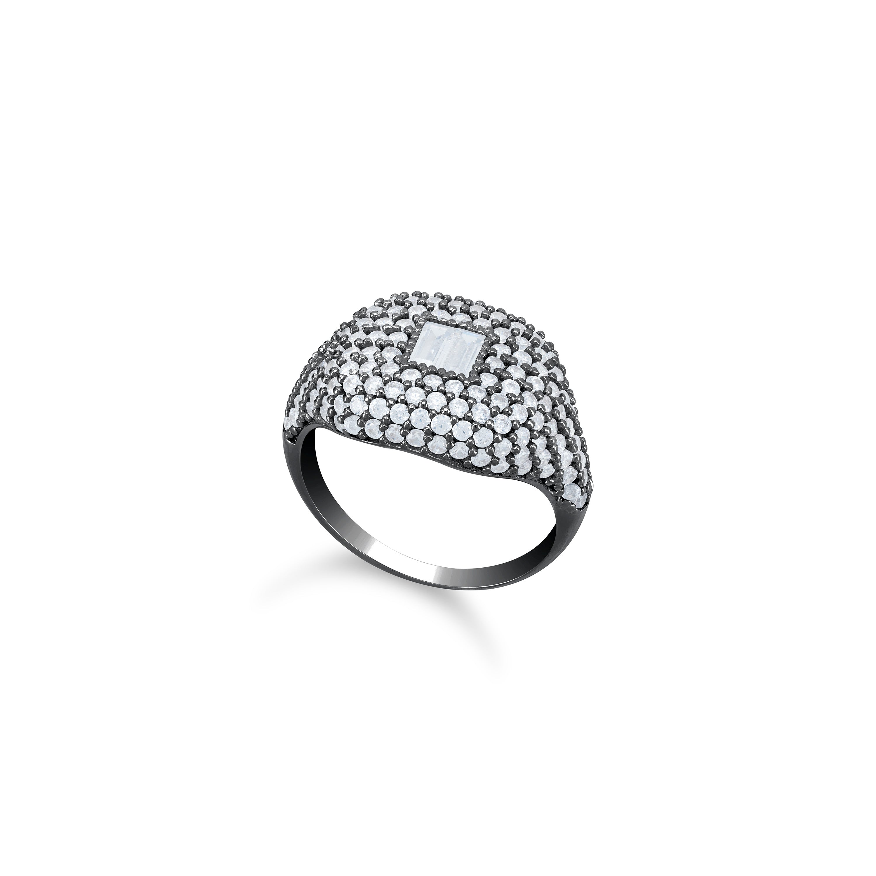 Baguette Centered Cubic Zirconia Dome Pinky Ring - Black Rhodium White