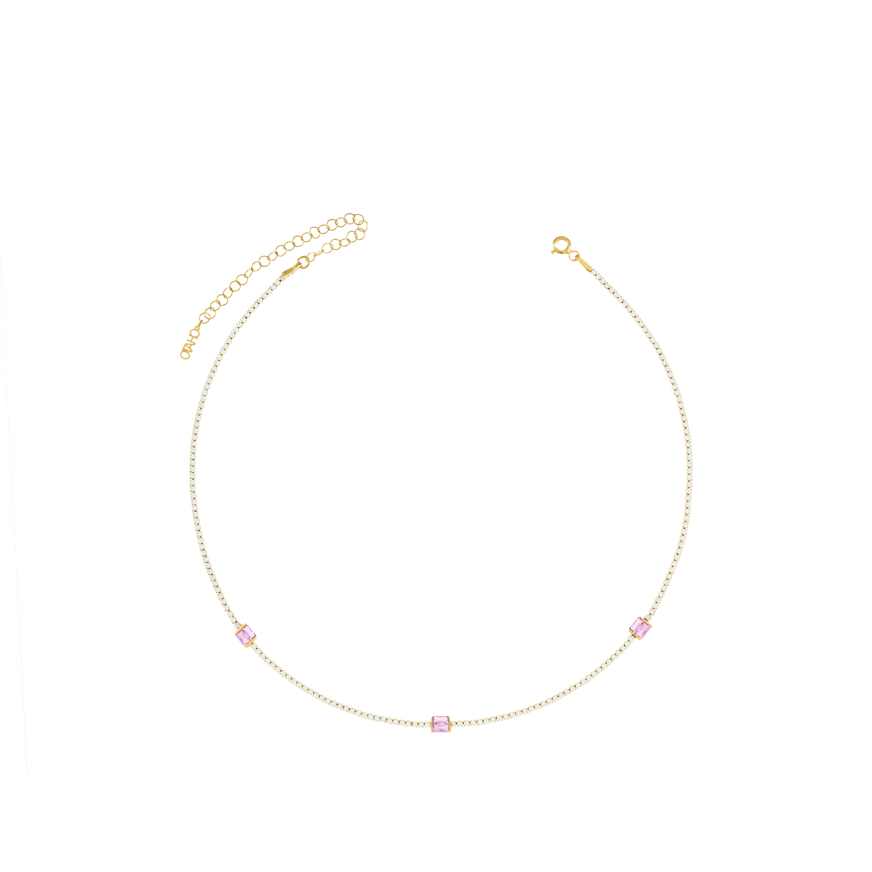 Baguette Cut Tennis Choker - Gold Light Pink And White - Three Baguette