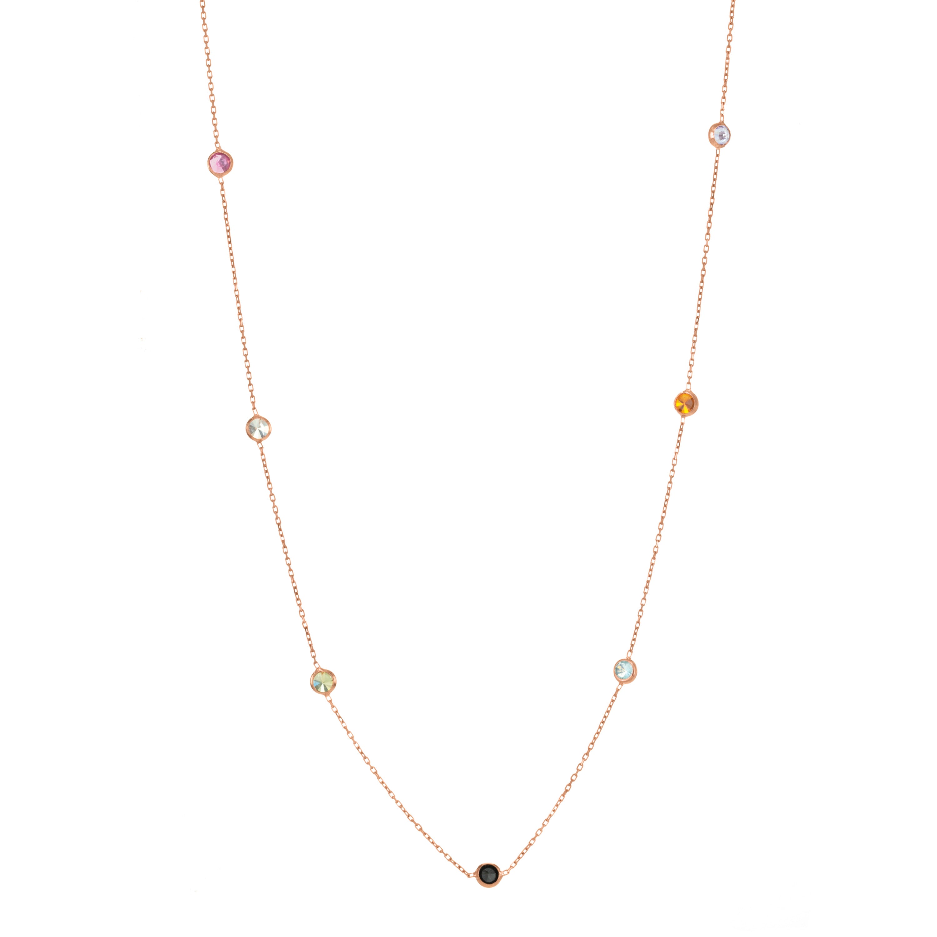 Bezel Long Chain Necklace - Rose Gold Rainbow