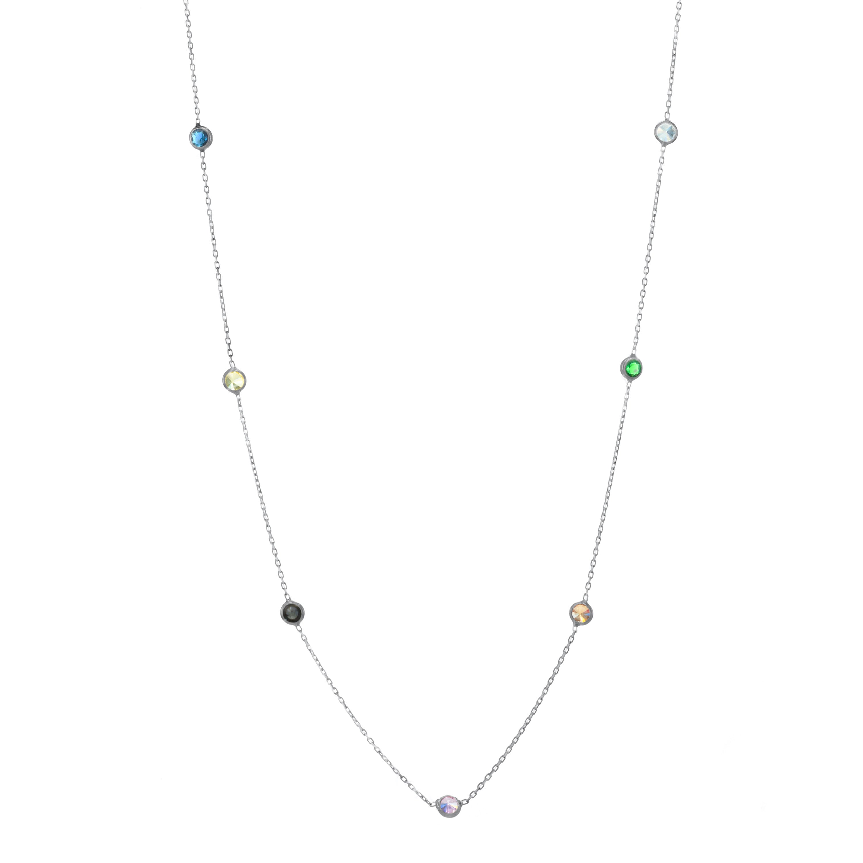 Bezel Long Chain Necklace - Silver Rainbow