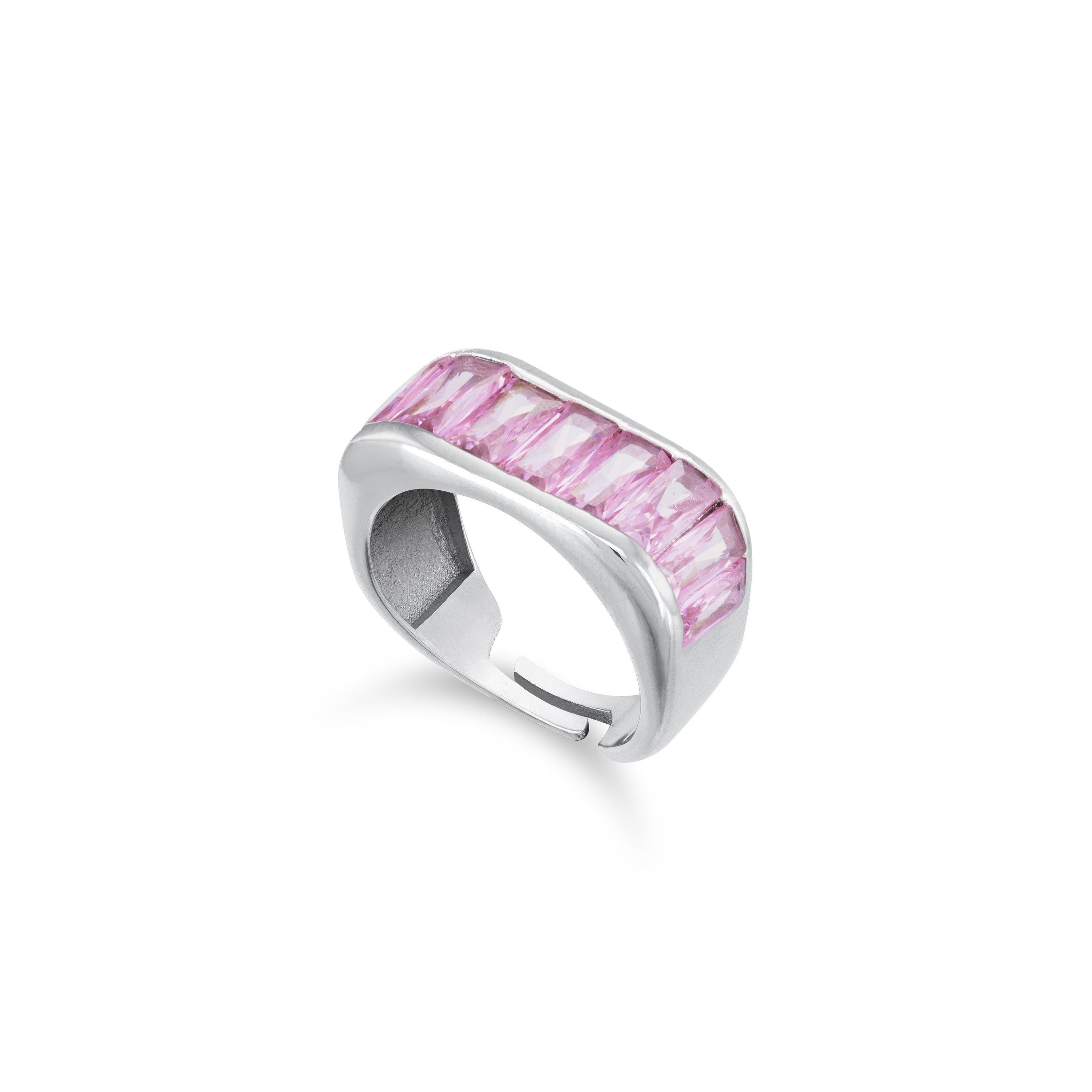 Big Baguette Bar Ring - Silver Light Pink