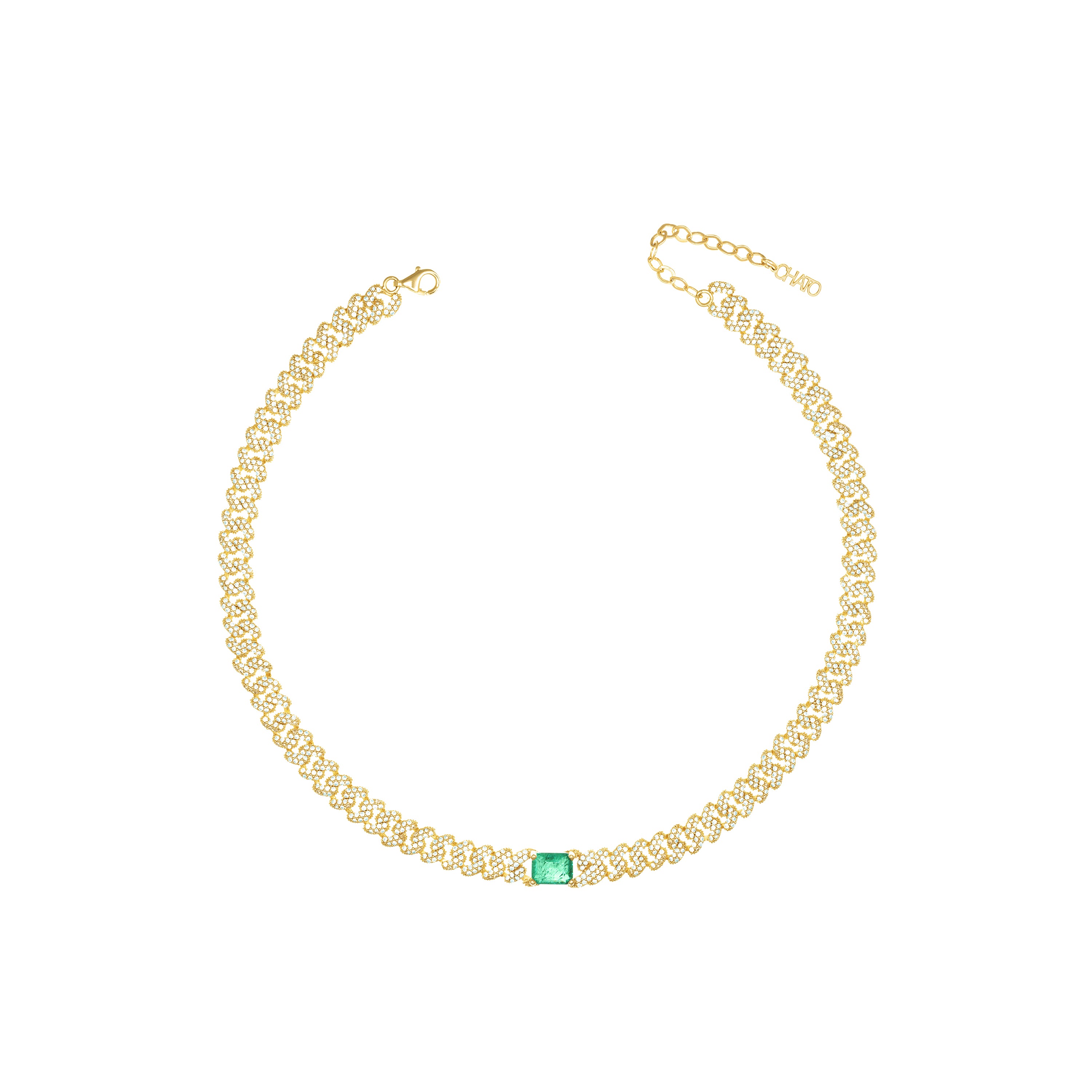 Big Stone Emerald Cut Pave Cuban Chain Choker - Gold Green Matt And White - Small Cuabn