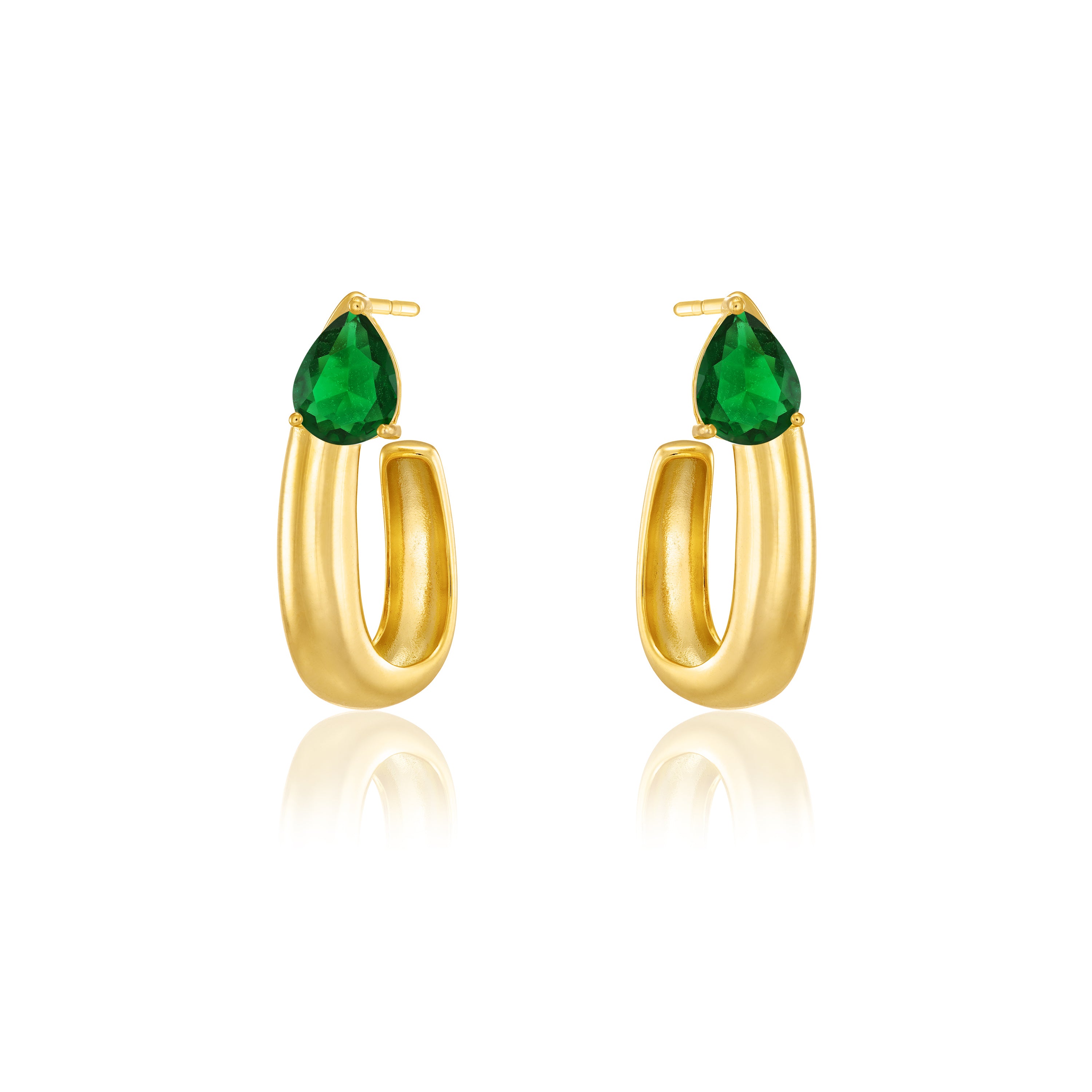 Big Teardrop U Shape  Hoop Earrings - Gold Green