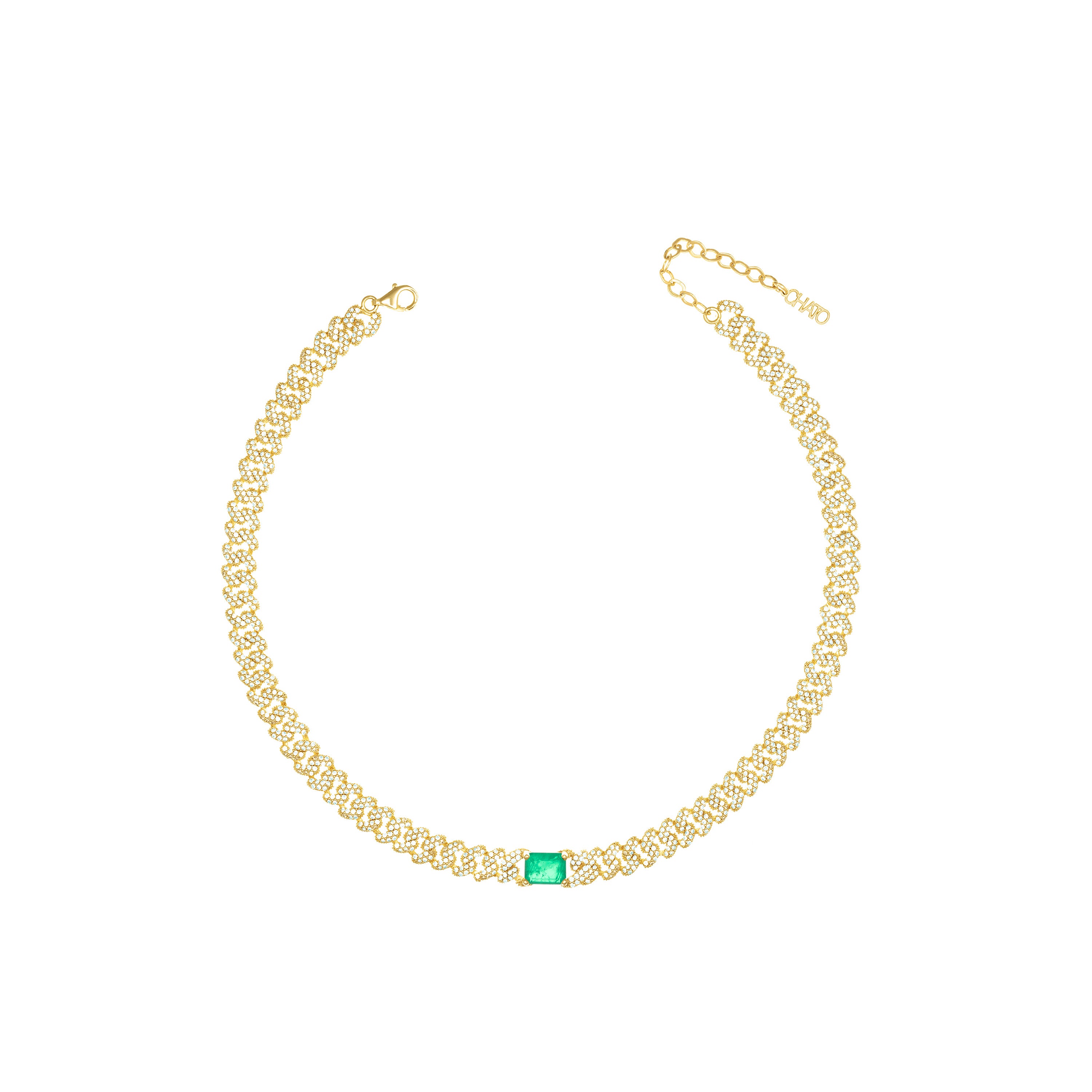 Big Stone Emerald Cut Pave Cuban Chain Choker - Gold  Green Matt And White - Big Cuban