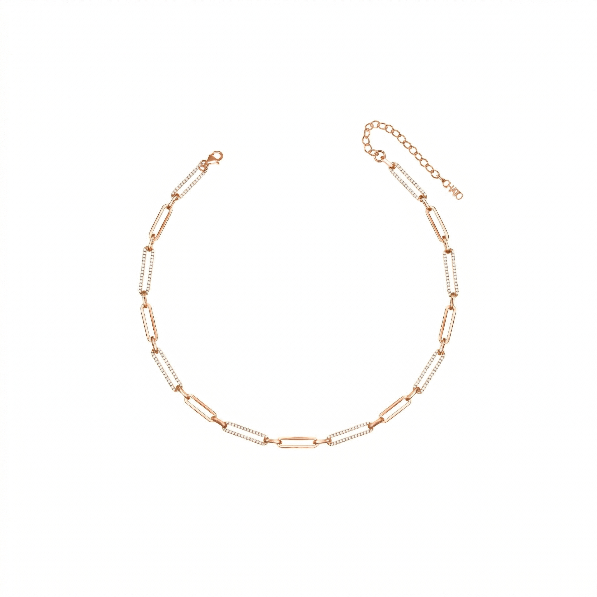 Half Cubic Zirconia Pave Paperclip Chain Link Choker - Rose Gold White