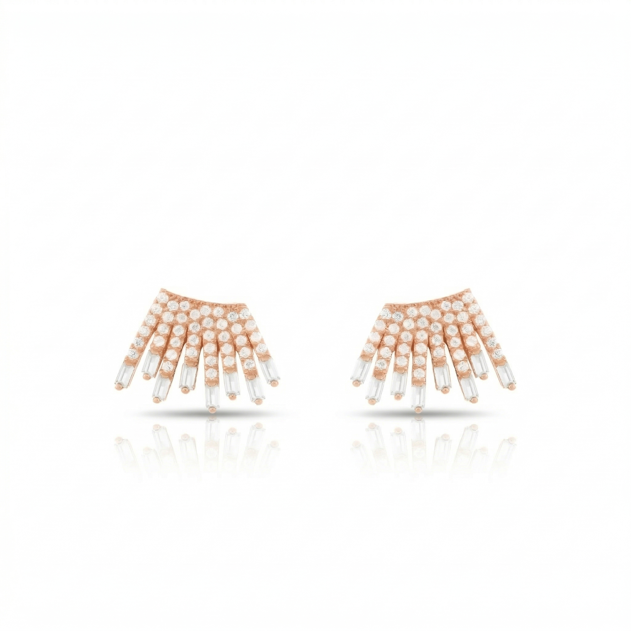 Cubic Zirconia Baguette Sun Rays Earrings - Rose Gold White - Small