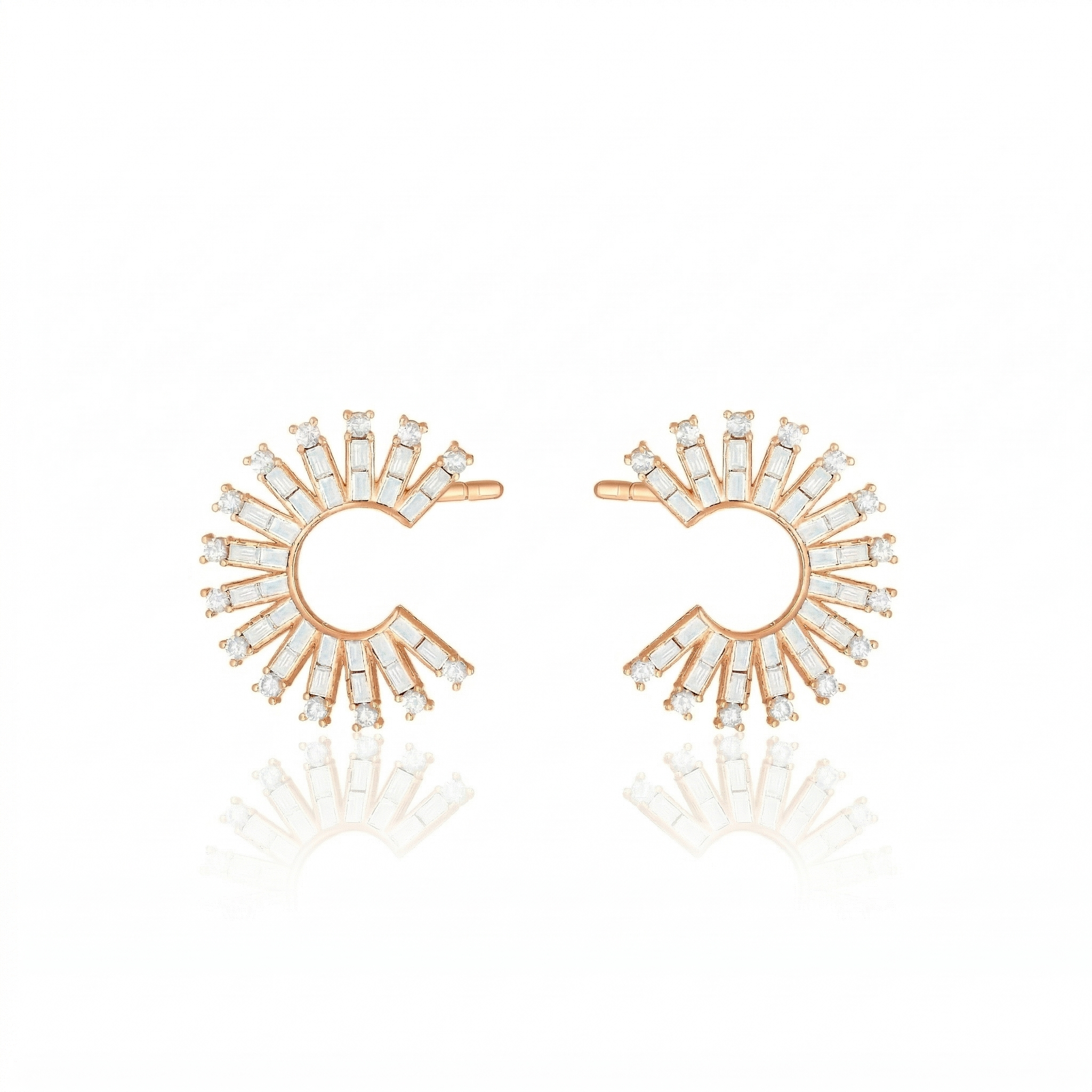 Cubic Zirconia Baguette Sun Rays C Shape Earrings - Rose Gold White