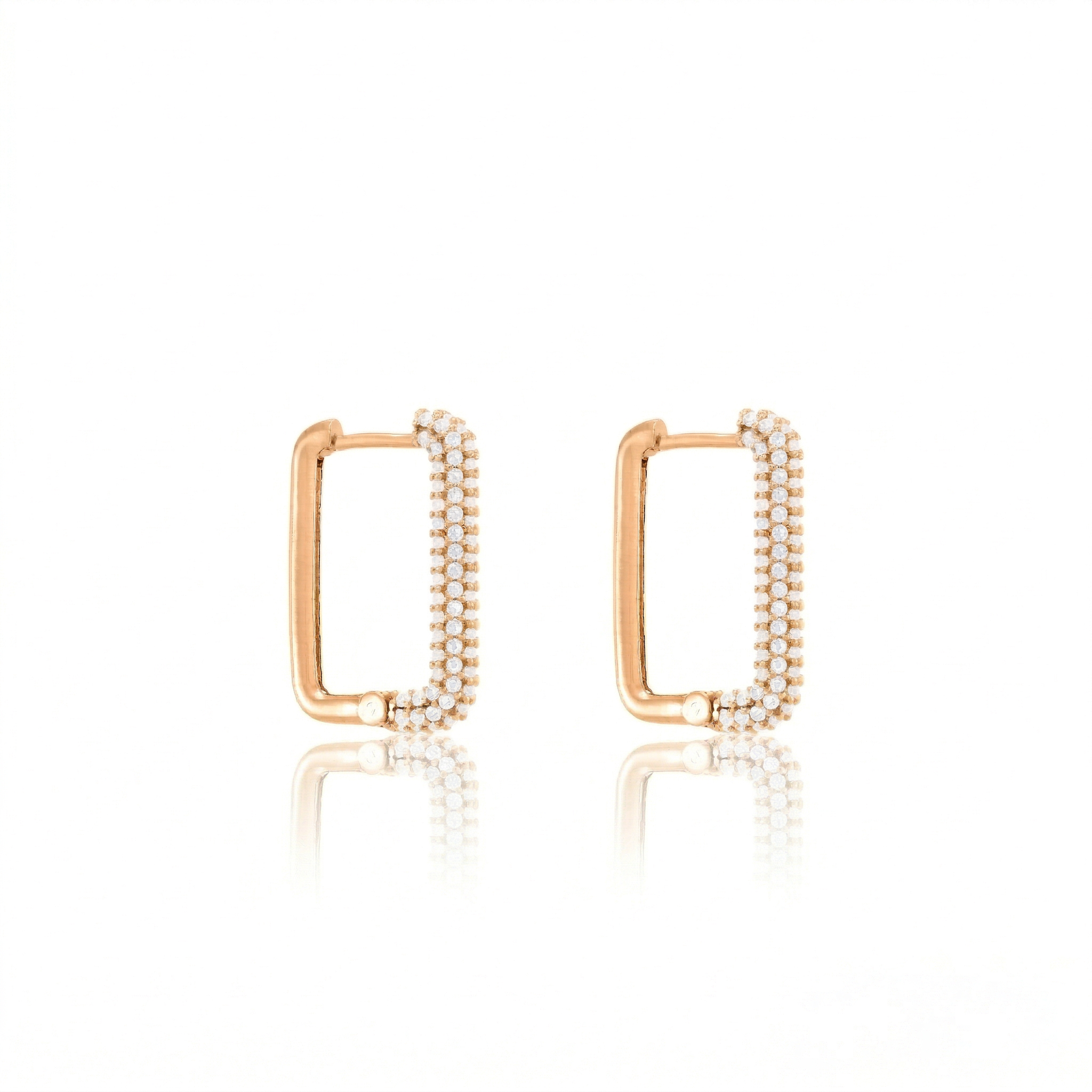 Half Pave Rectangular Hoop Earrings - Rose Gold White - Full Pave