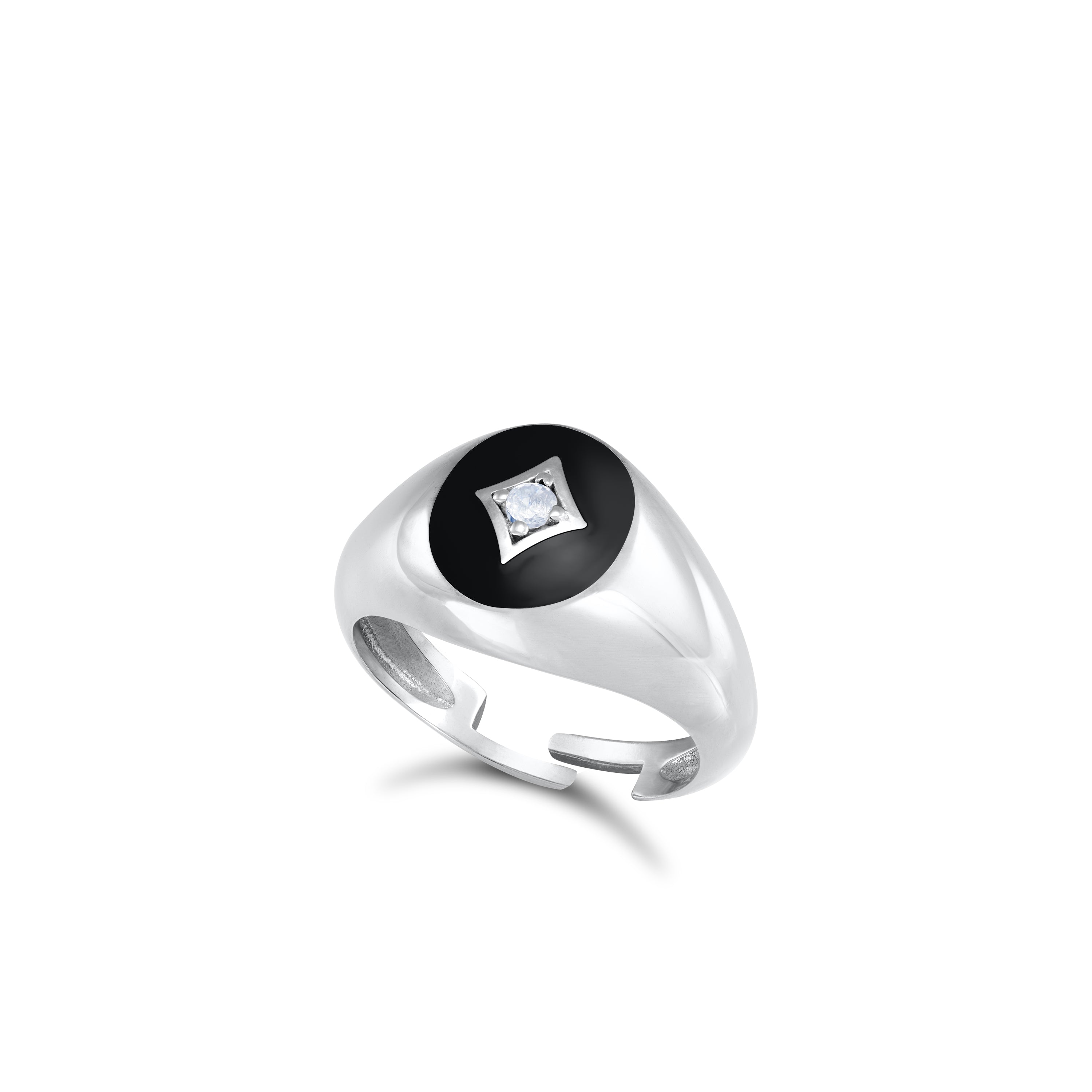 CZ Star Oval Signet Enamel Pinky Ring - Silver Black