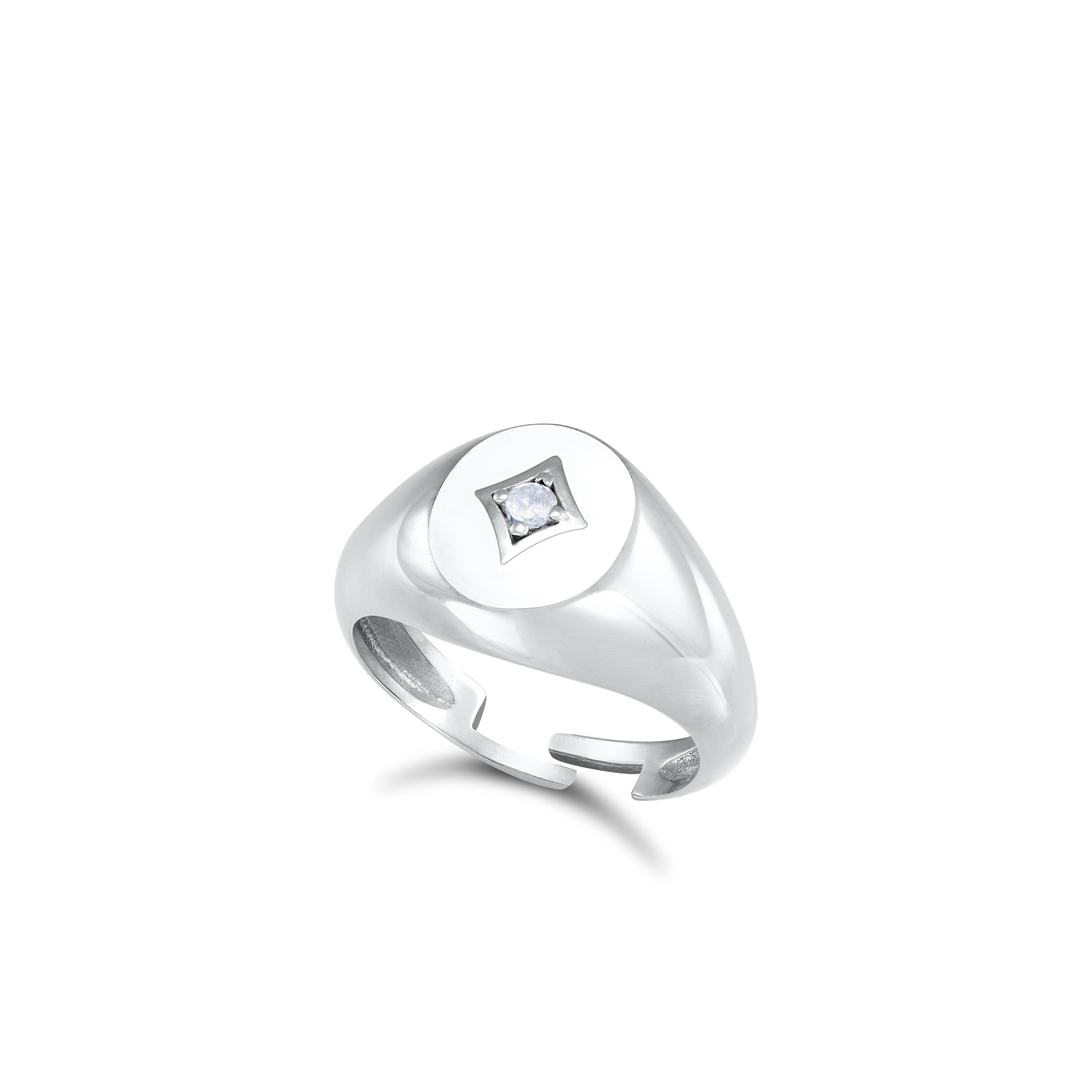 CZ Star Oval Signet Enamel Pinky Ring - Silver White