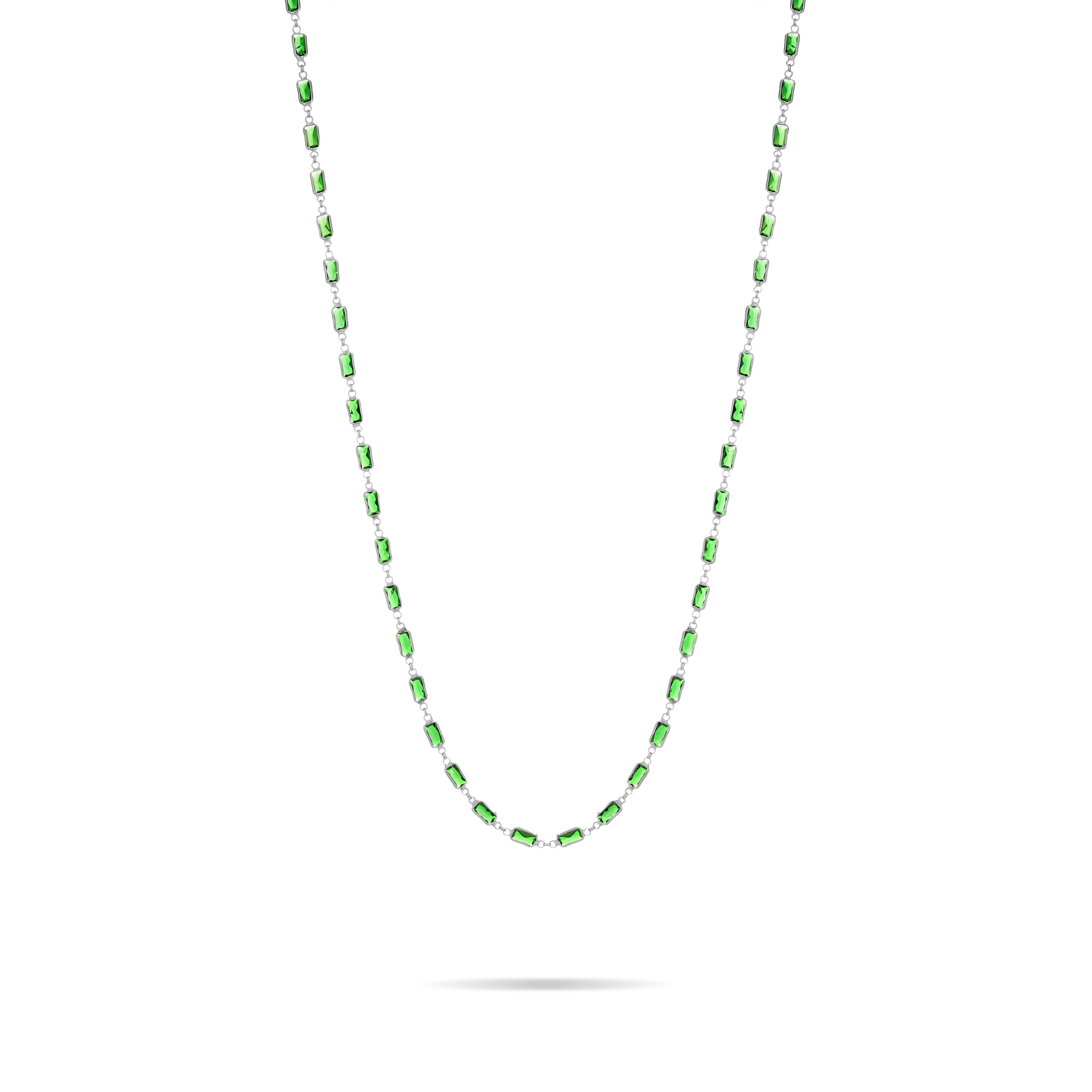 Connected Tiny Baguettes Long Necklace - Silver Green - Short