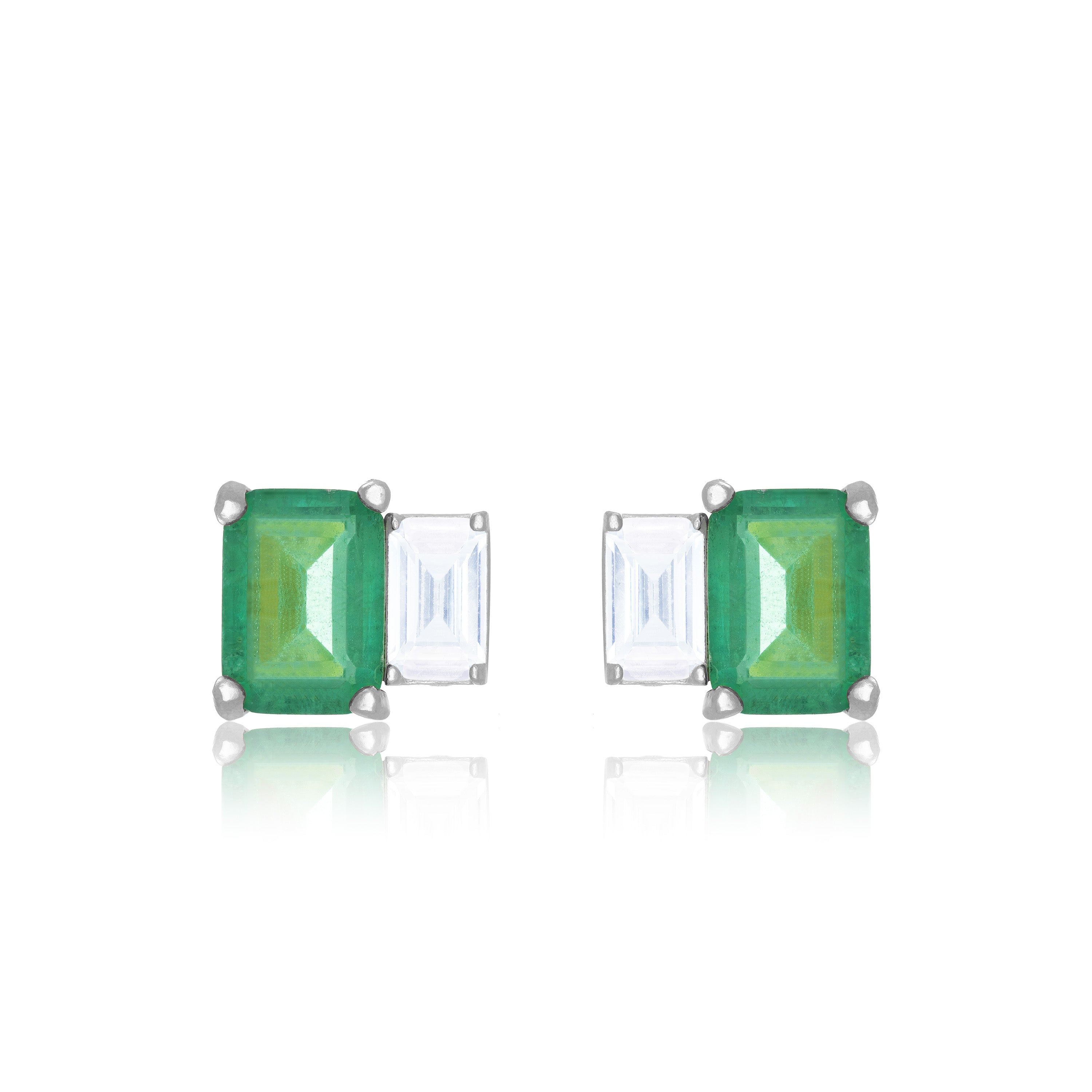 Cubic Zirconia Asymmetric Two Rectangle Stone Stud Earrings - Silver