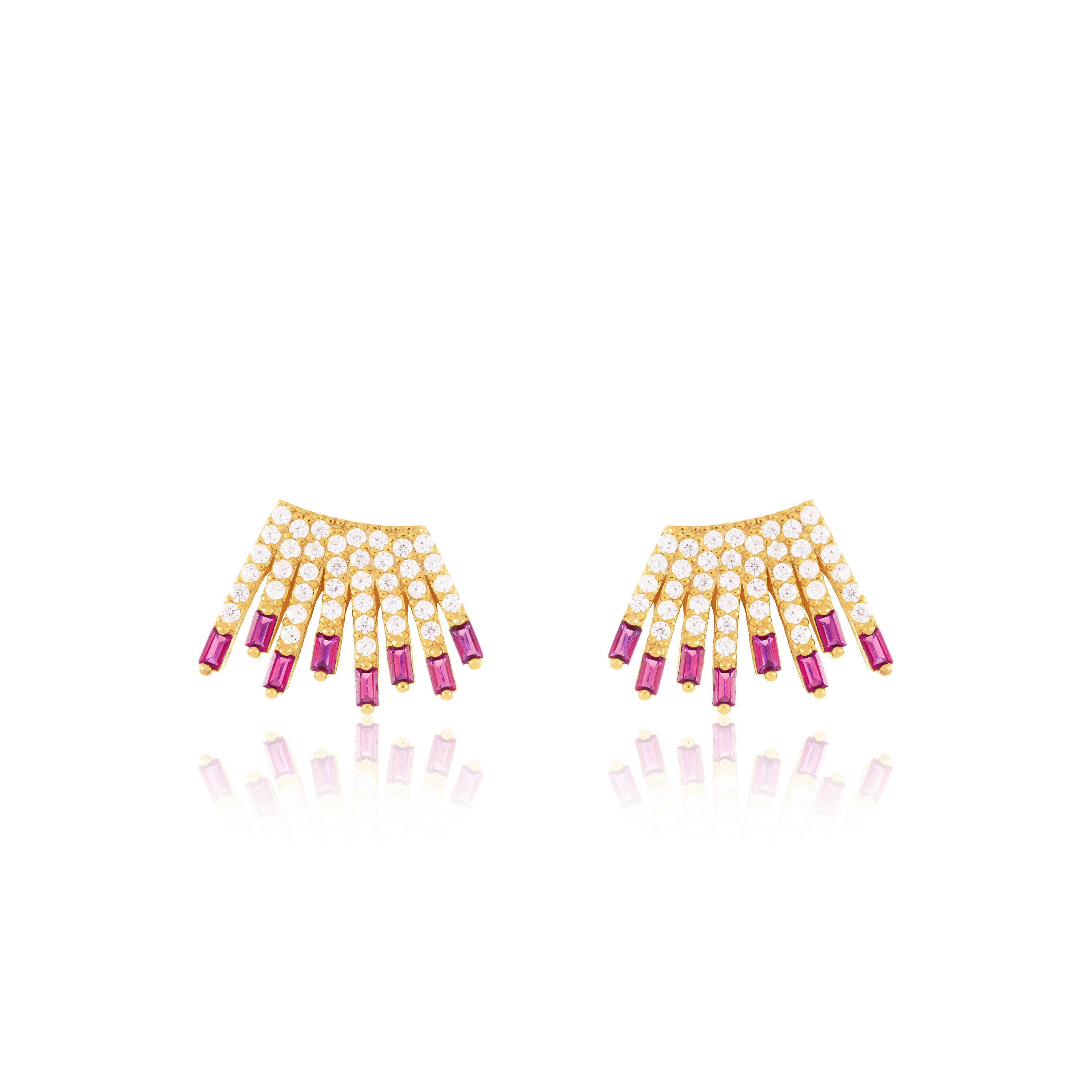 Cubic Zirconia Baguette Sun Rays Earrings - Gold Fuchsia And White