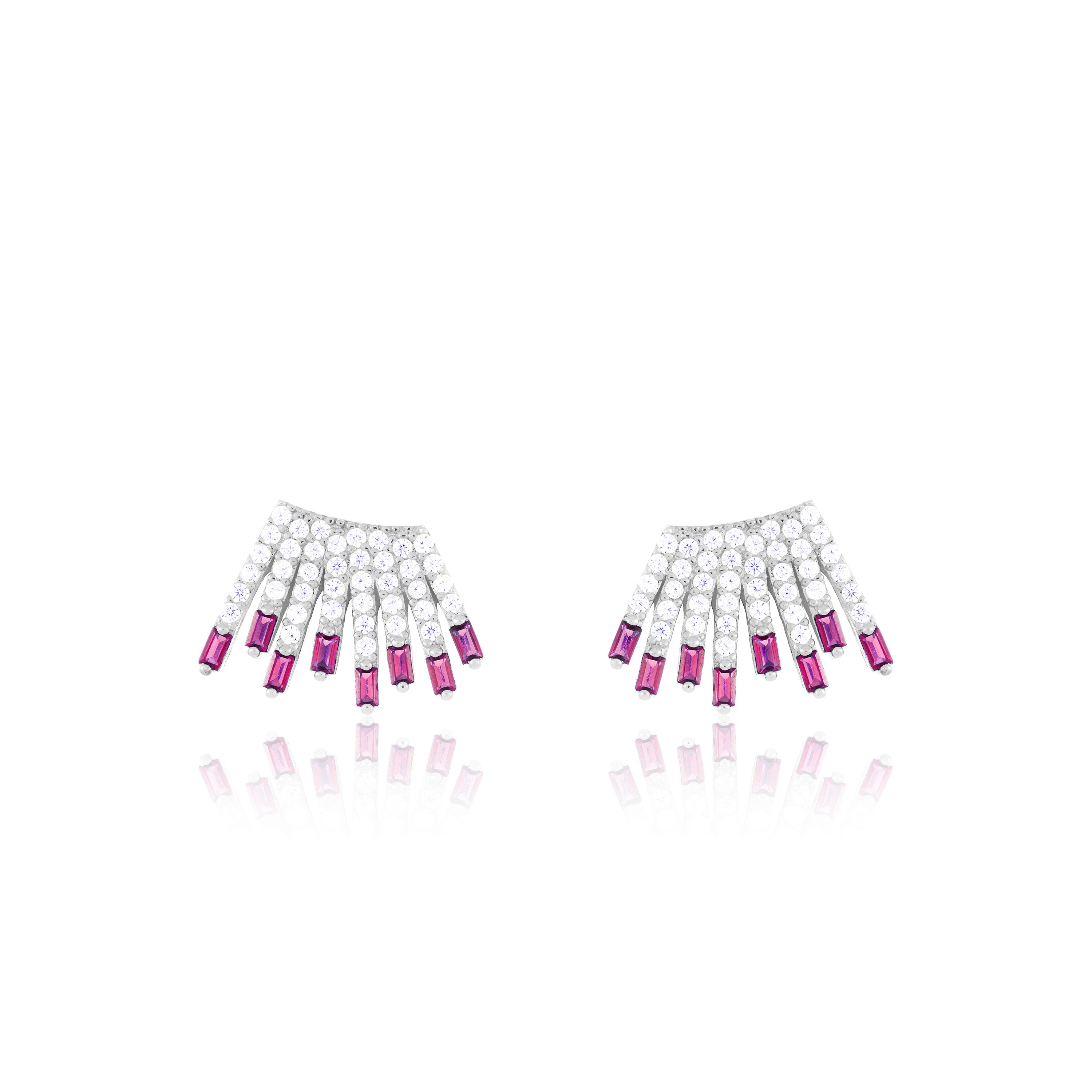 Cubic Zirconia Baguette Sun Rays Earrings - Silver Fuchsia And White