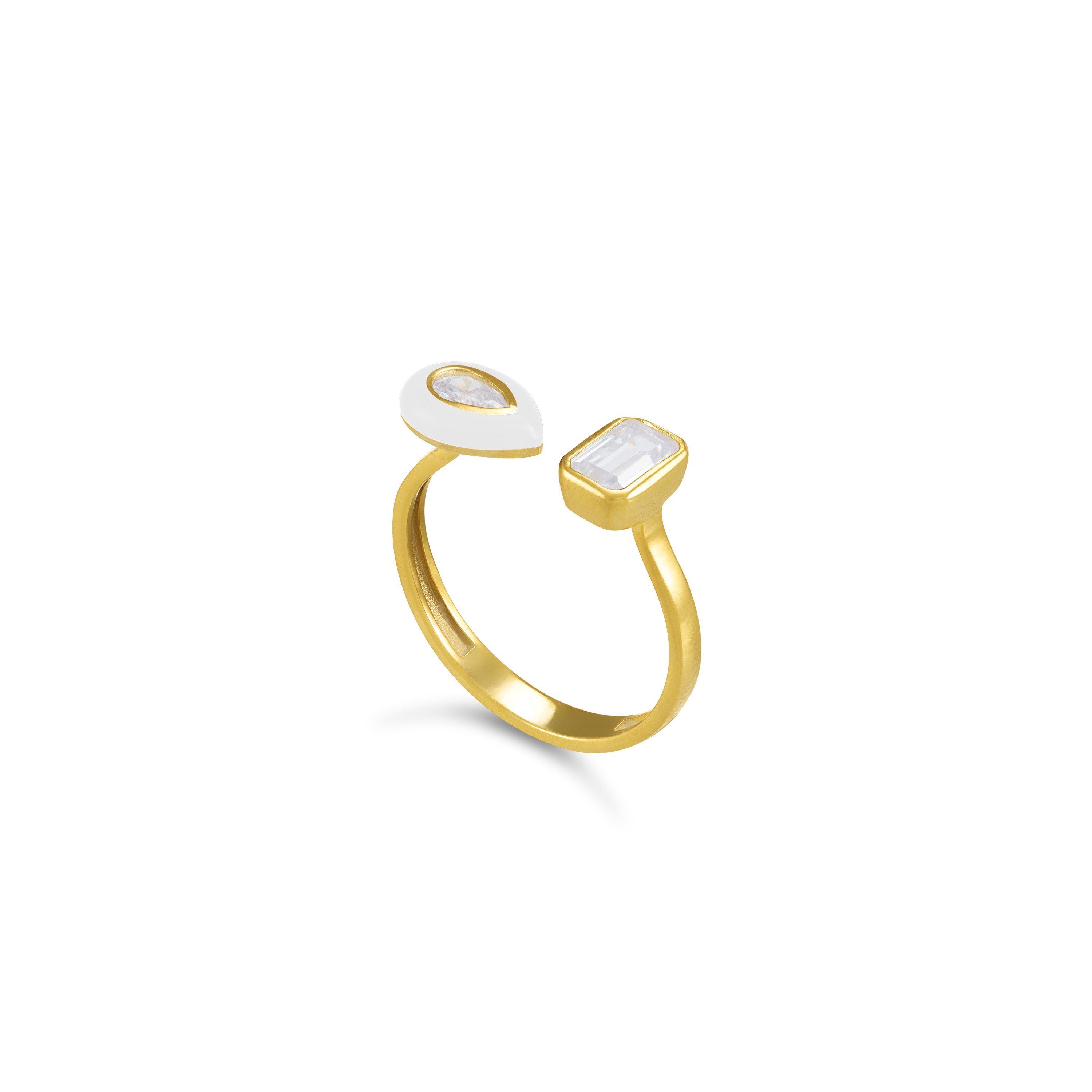 Cubic Zirconia Bezel Emerald Cut Enamel Teardrop Open Ring - Gold White
