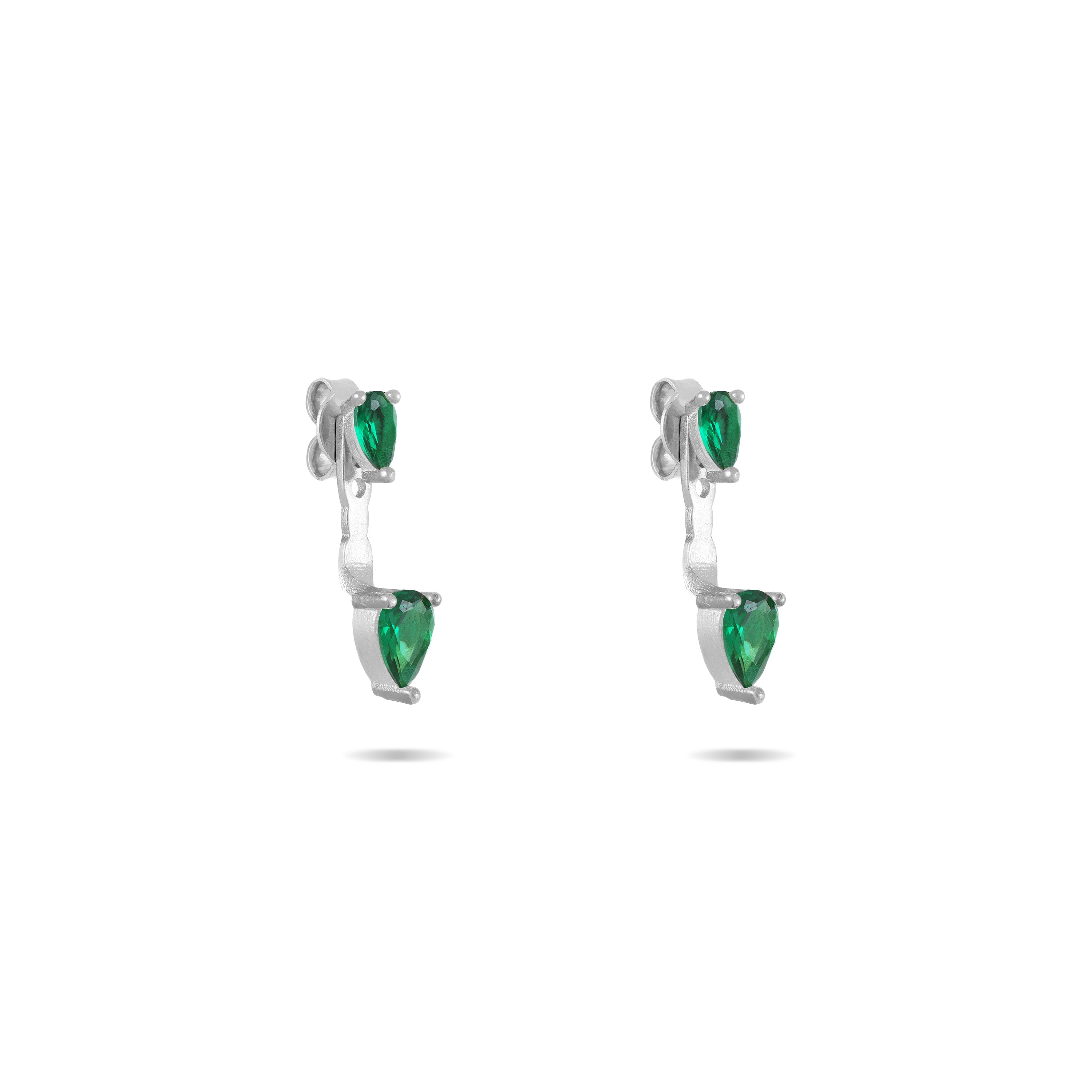 Cubic Zirconia Double Teardrop Ear Jacket Earrings - Silver Green - Big