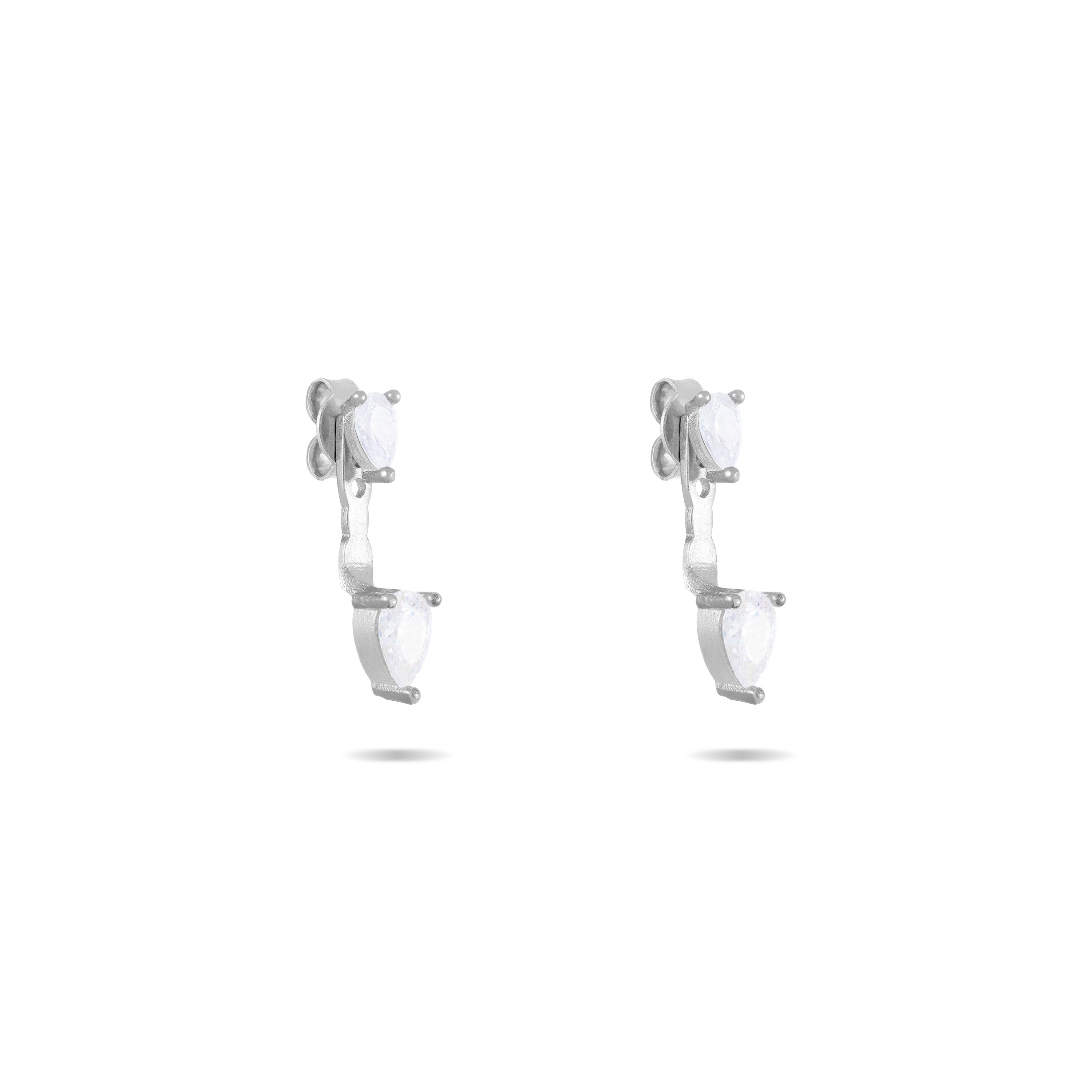 Cubic Zirconia Double Teardrop Ear Jacket Earrings - Silver White - Big