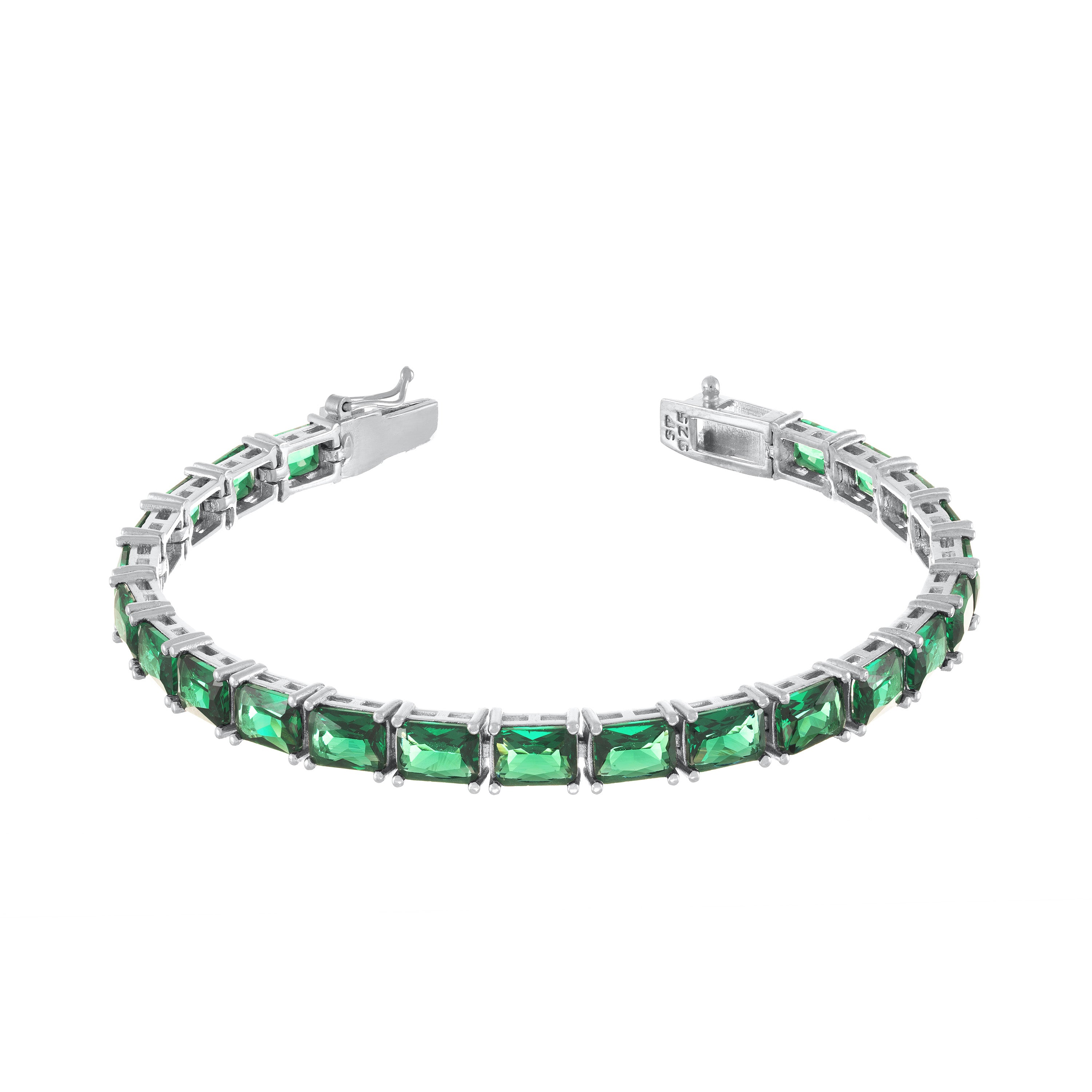 Cubic Zirconia Emerald Cut Tennis Bracelet With Box Clasp - Silver Green