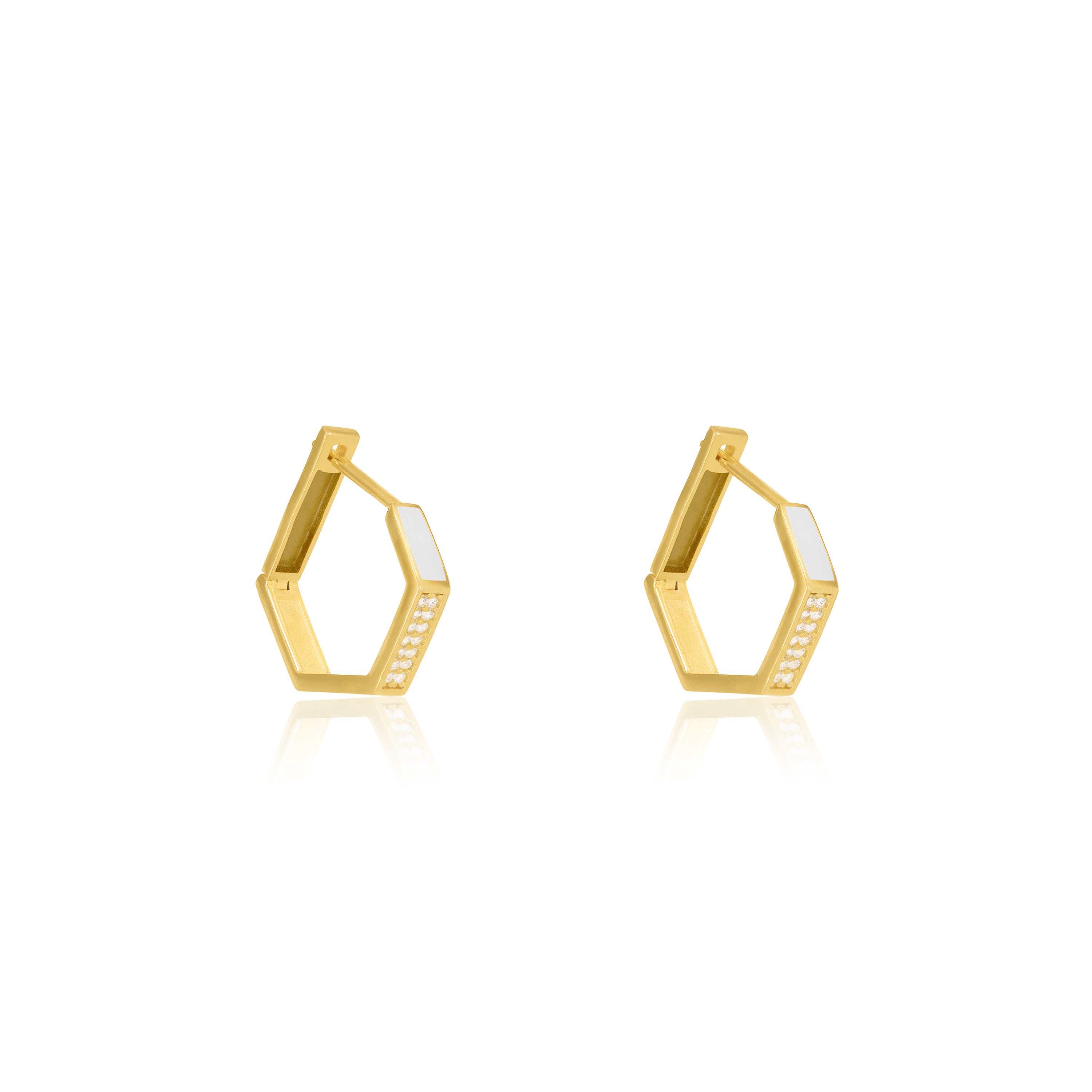 Cubic Zirconia Enamel Hexagon Shaped Hoop Earrings - Gold White - Big