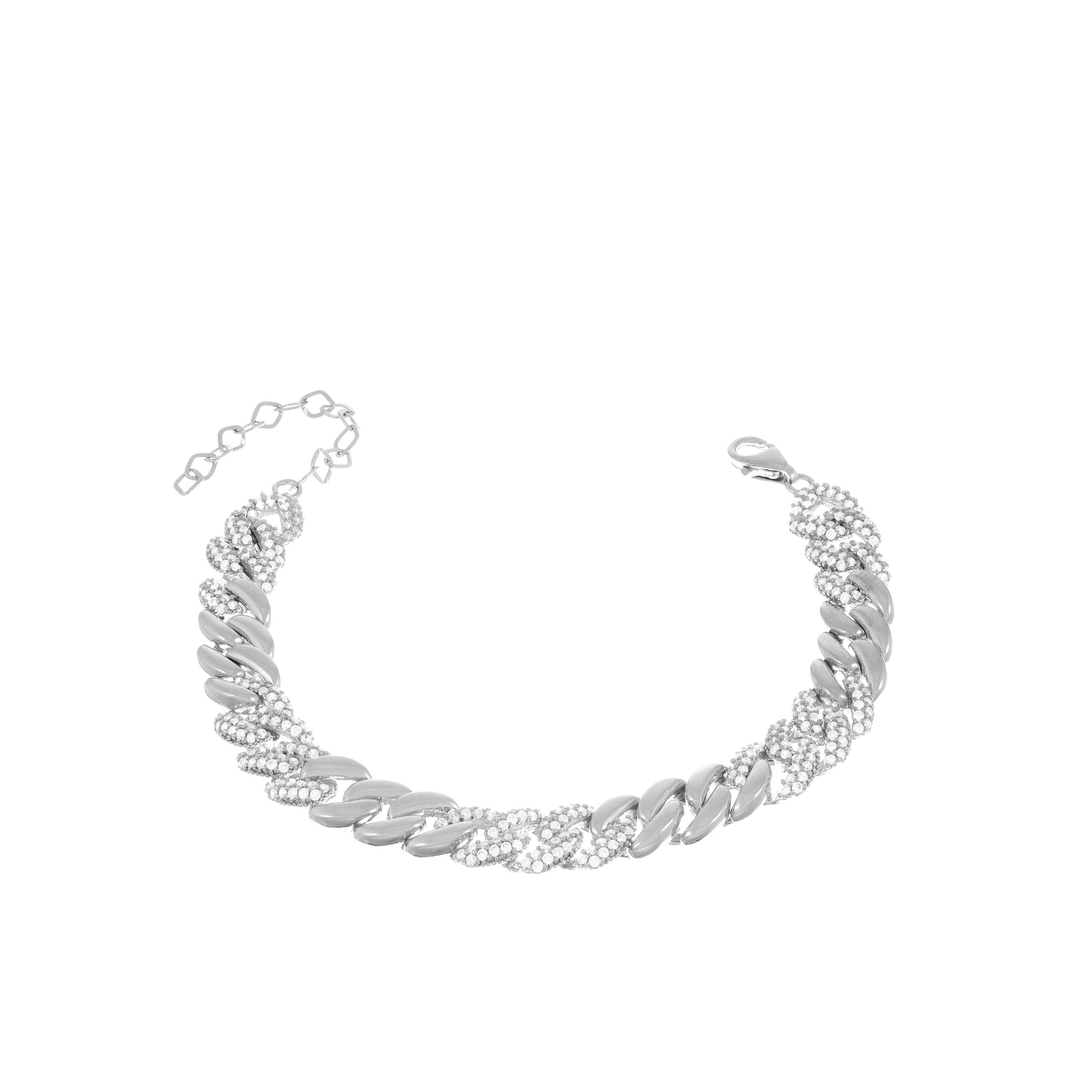Cubic Zirconia Half Pave Cuban Chain Bracelet - Silver White