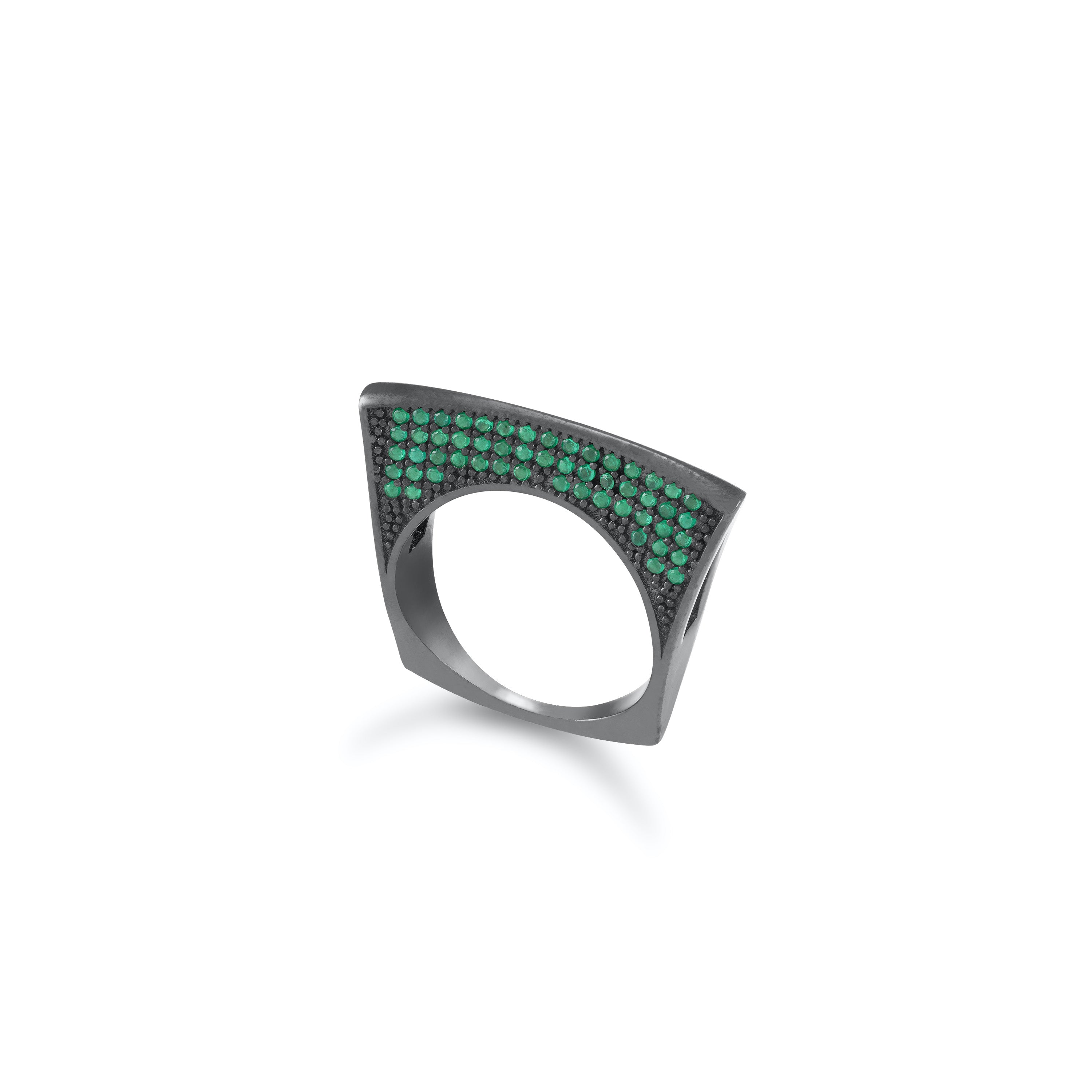 Cubic Zirconia Pave Lotus Ring - Black Rhodium - Green