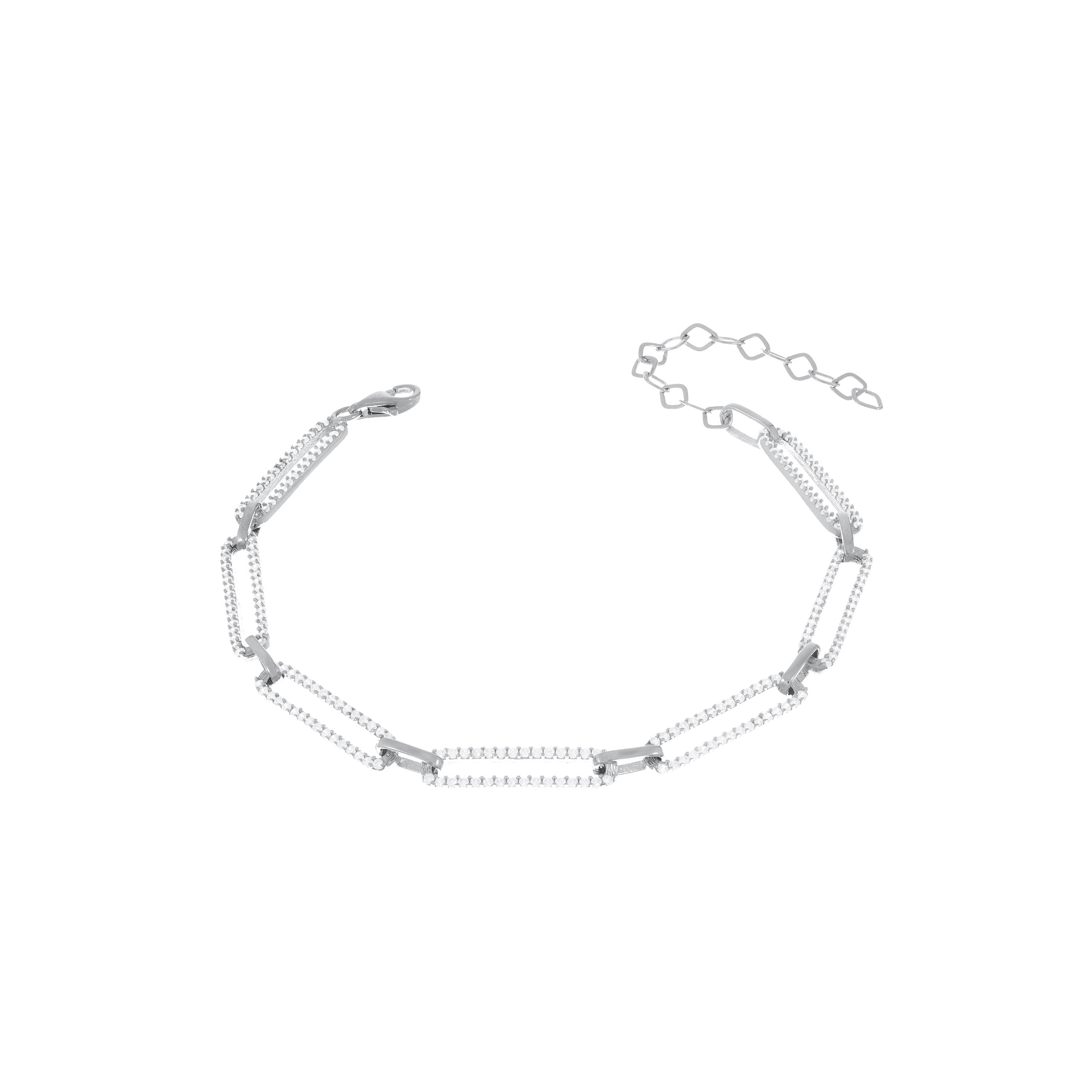 Cubic Zirconia Pave Paperclip Chain Link Bracelet - Silver White