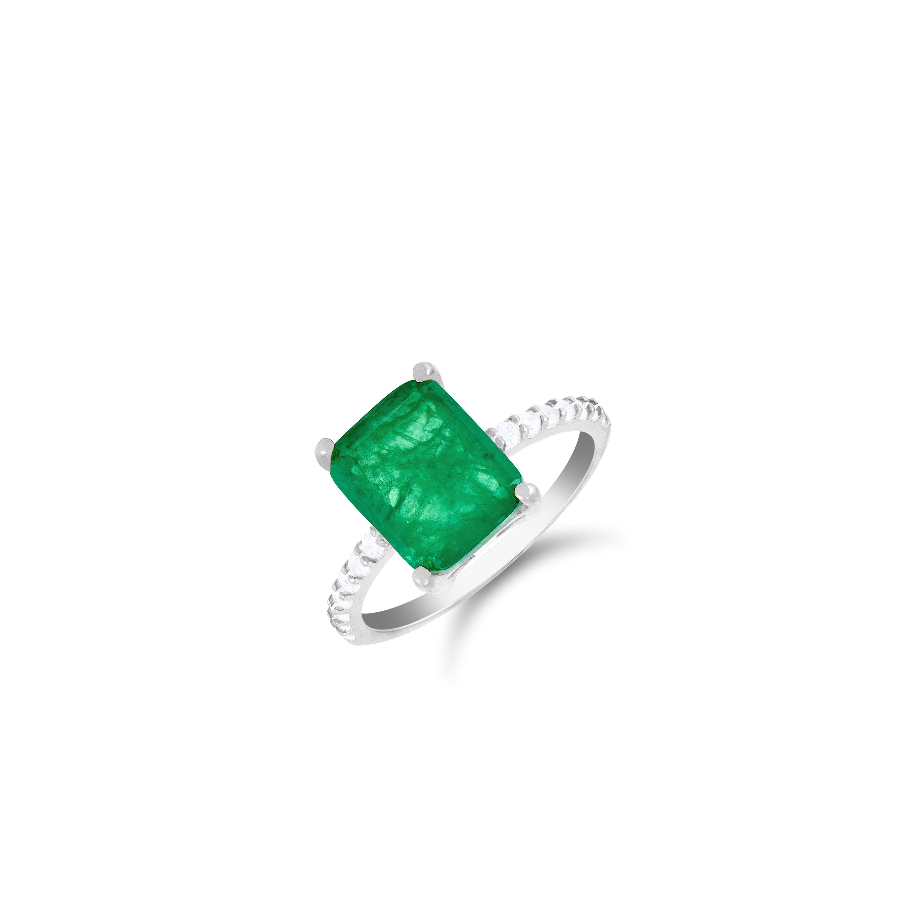 Cubic Zirconia Rectangle Stone Ring - Silvr Green Matt And White