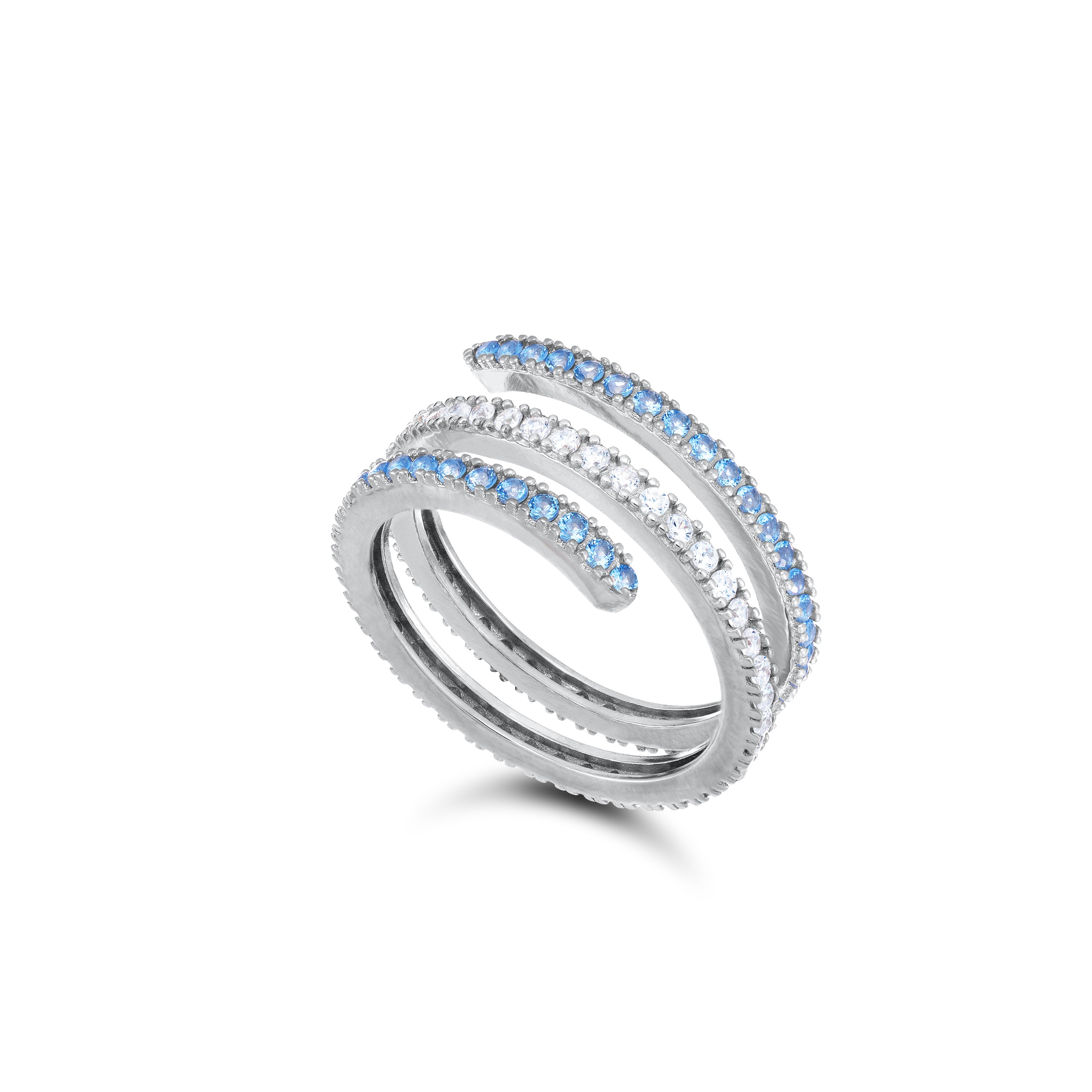 Cubic Zirconia Spiral Ring - Silver Half Aquamarine Half White