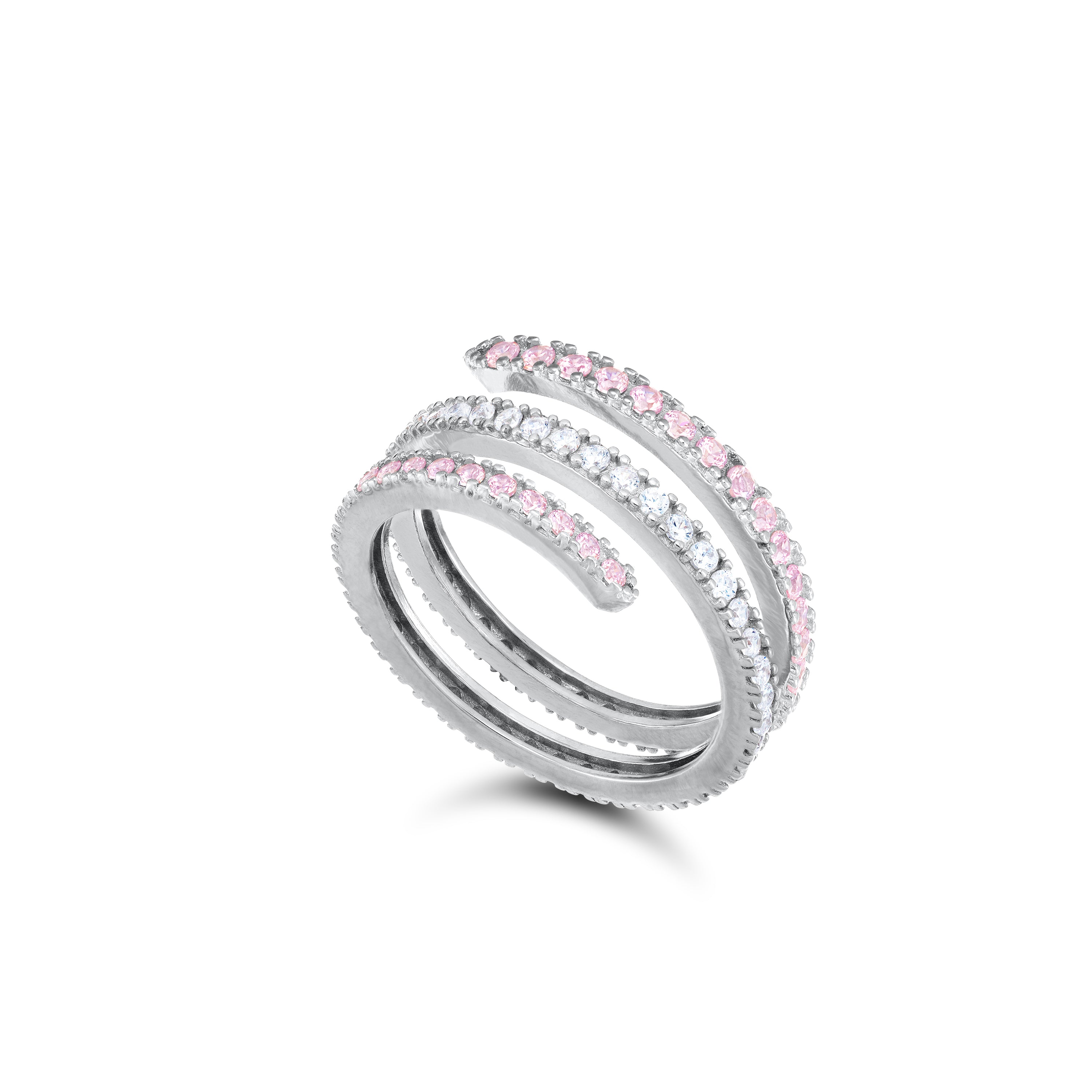 Cubic Zirconia Spiral Ring - Silver Half Light Pink Half White