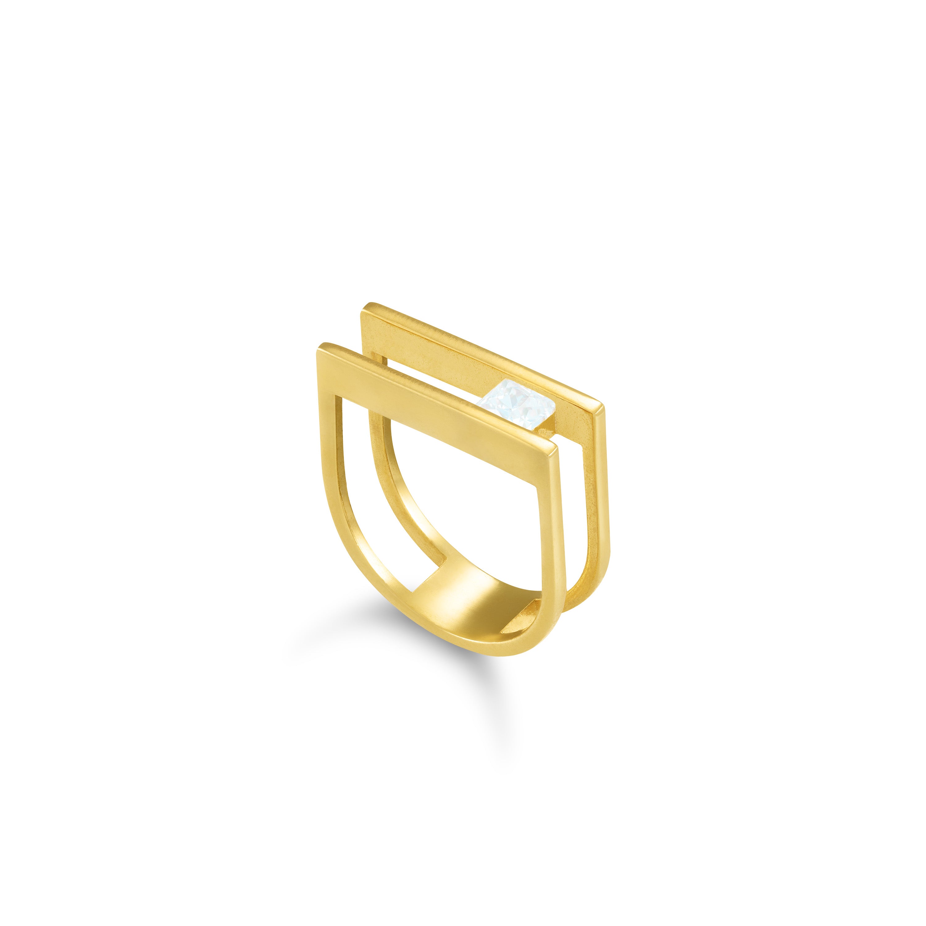 Cubic Zirconia Stone Double Bar Ring - Gold White - One Rectangle Stone