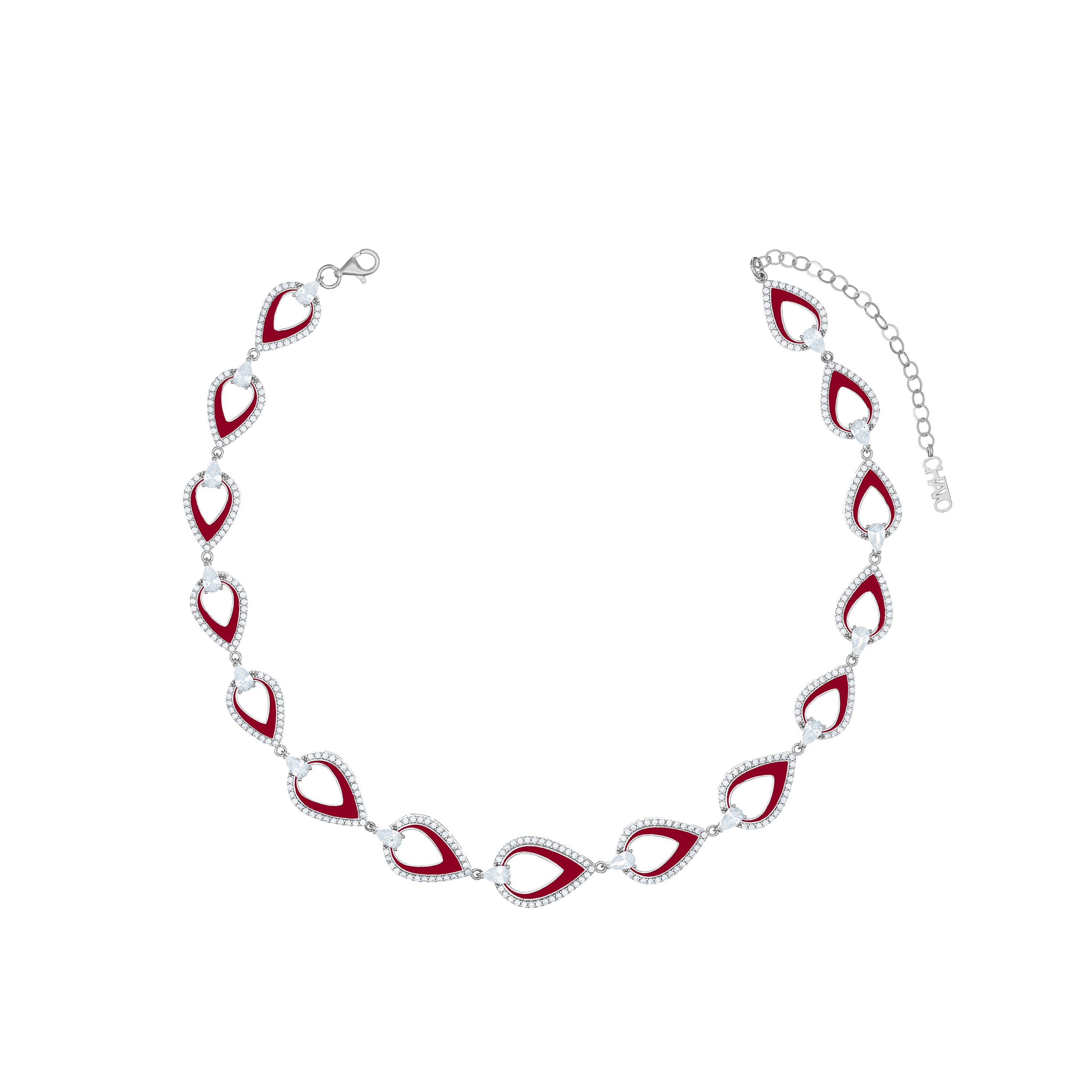 Cubic Zirconia Teardrop Pear Cut Shaped Enamel Choker - Silver Burgundy