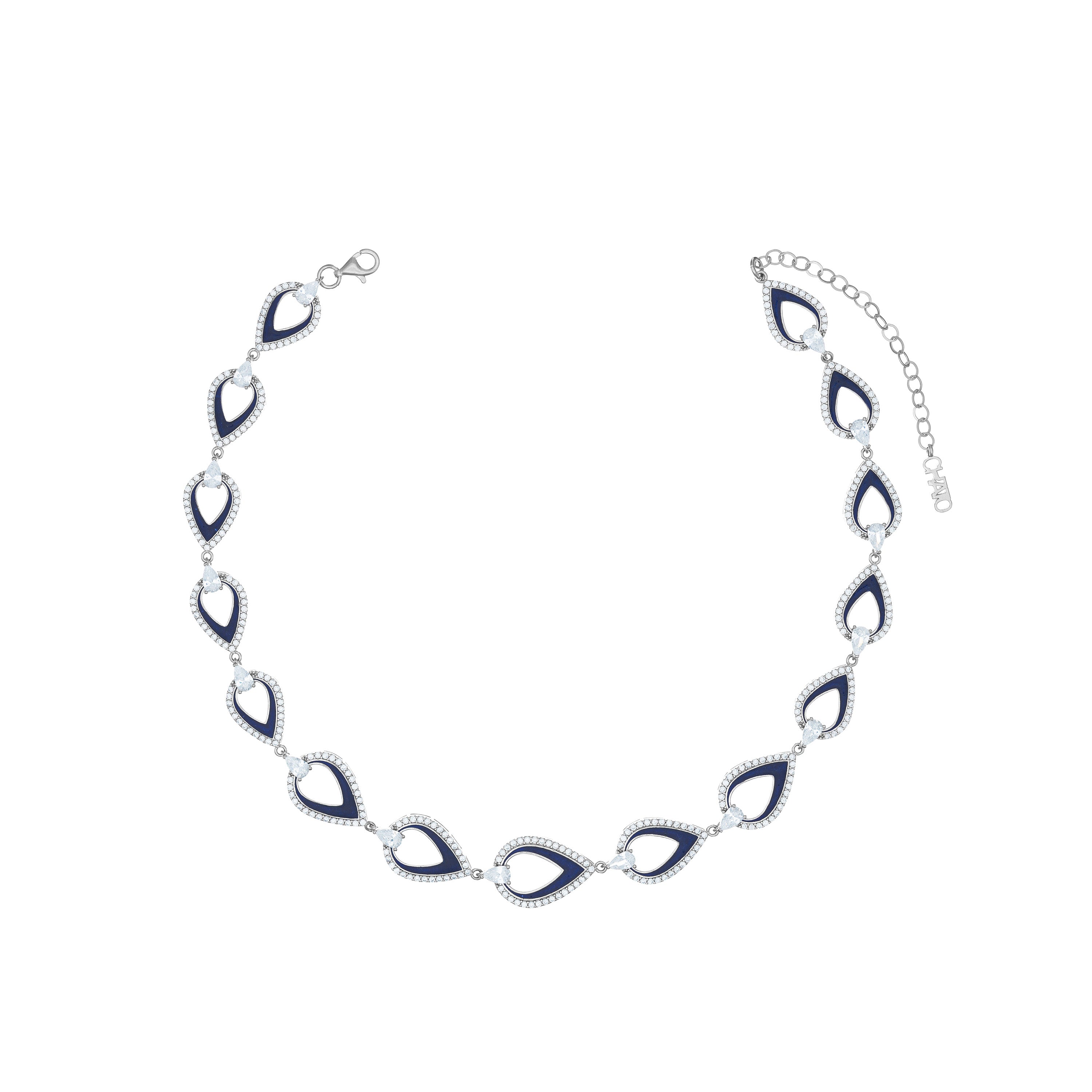 Cubic Zirconia Teardrop Pear Cut Shaped Enamel Choker - Silver Navy Blue