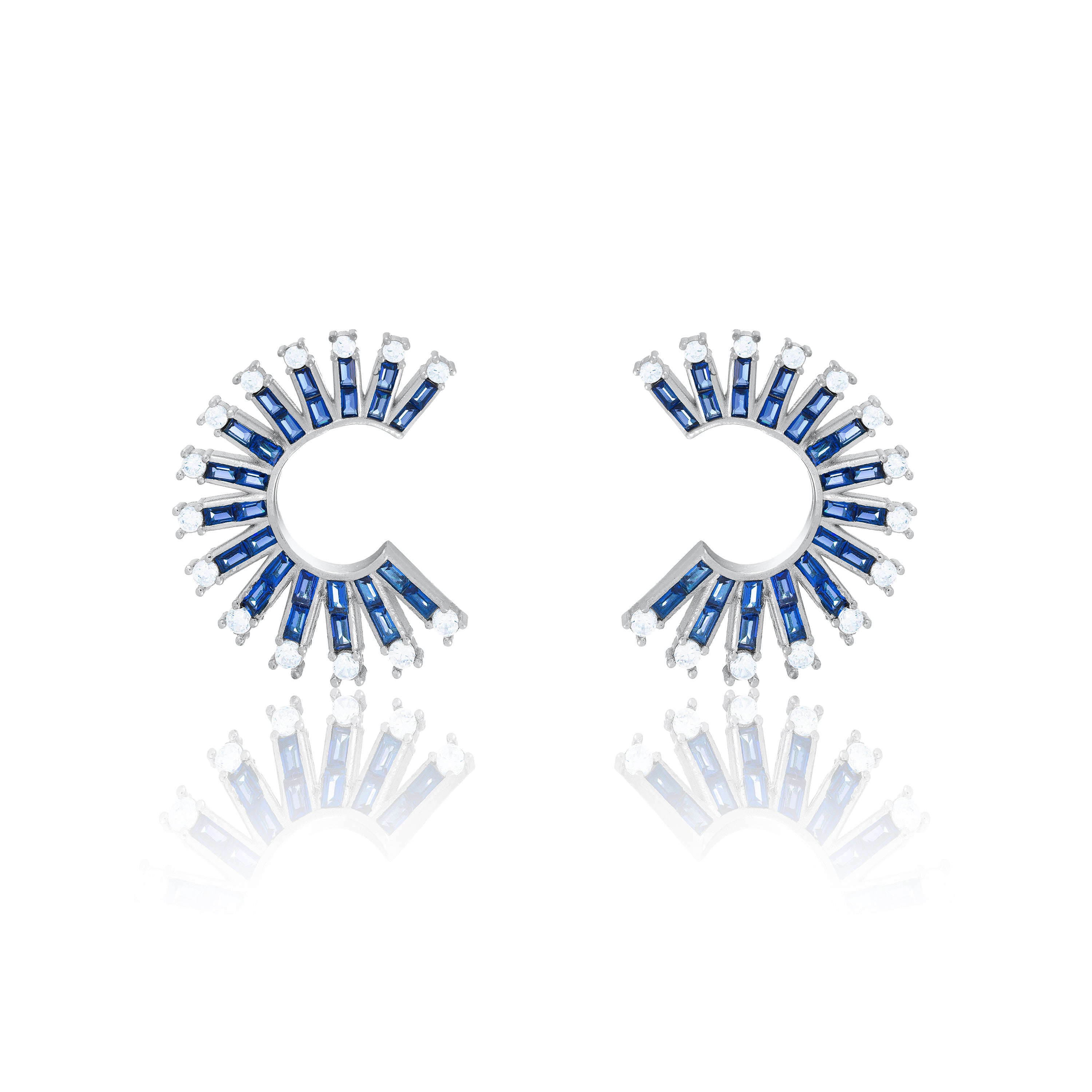 Cubic Zirconia Baguette Sun Rays C Shape Earrings - Silver Navy Blue And White