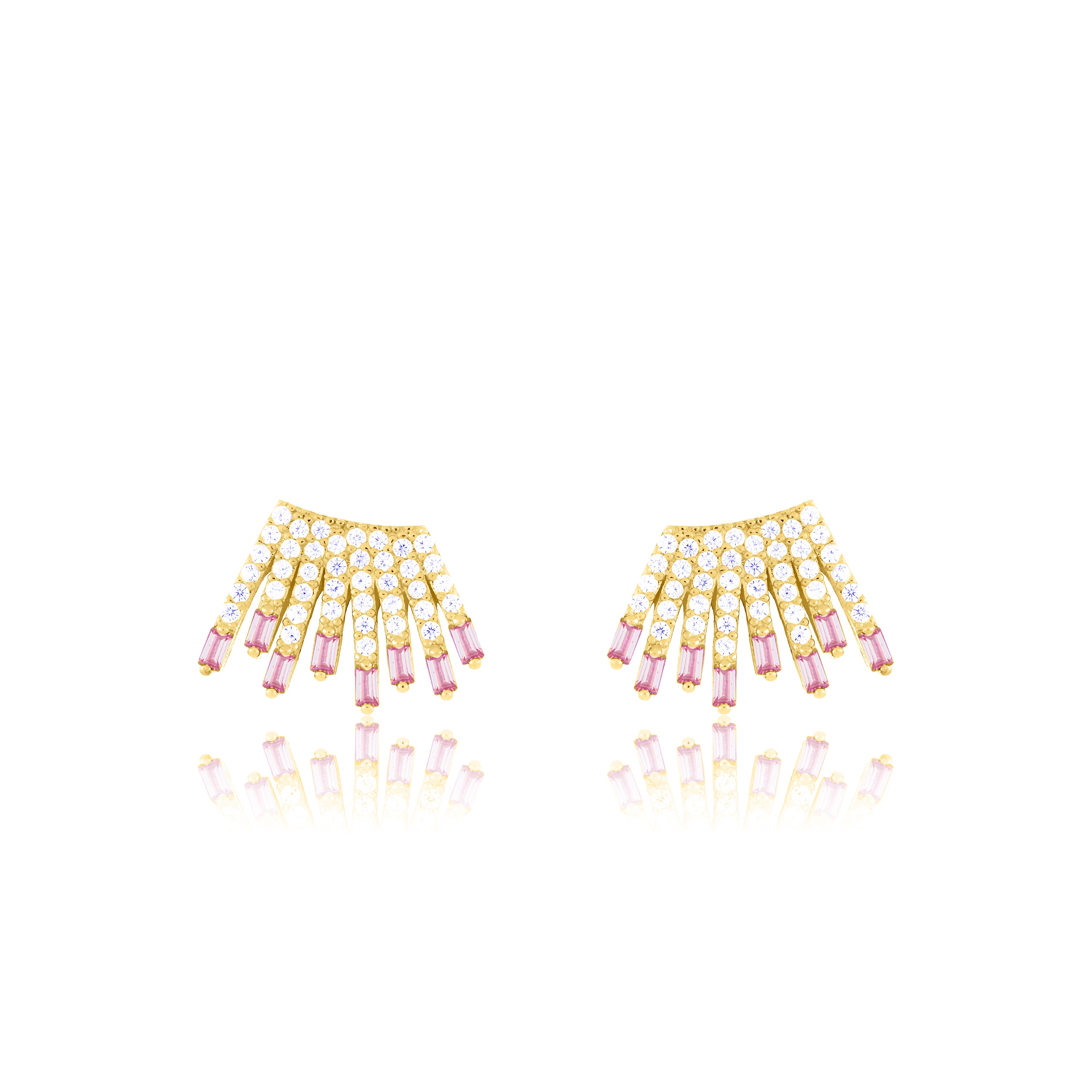 Cubic Zirconia Baguette Sun Rays Earrings - Gold Light Pink And White