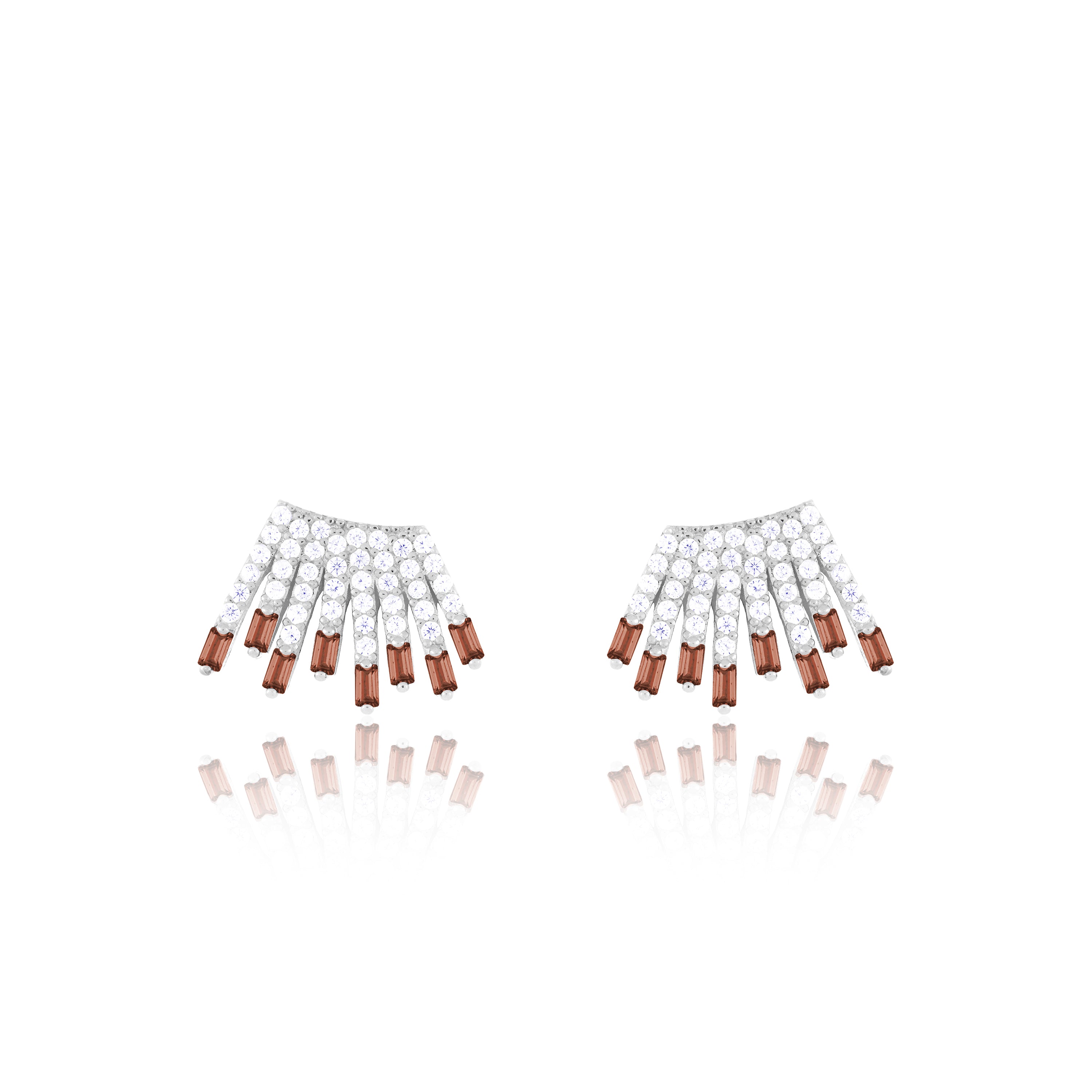 Cubic Zirconia Baguette Sun Rays Earrings - Silver Brown And White