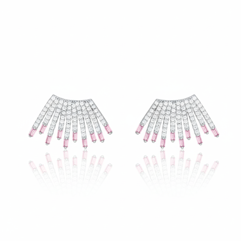 Cubic Zirconia Baguette Sun Rays Earrings - Silver Light Pink And White - Big