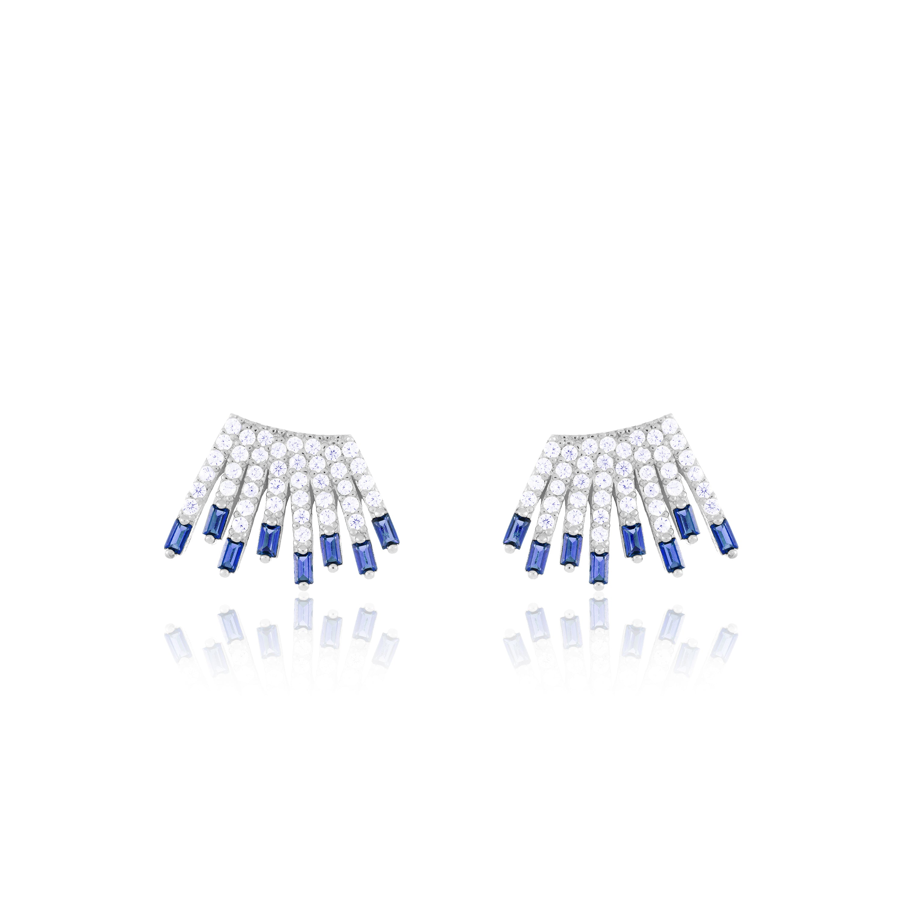 Cubic Zirconia Baguette Sun Rays Earrings - Silver Navy Blue