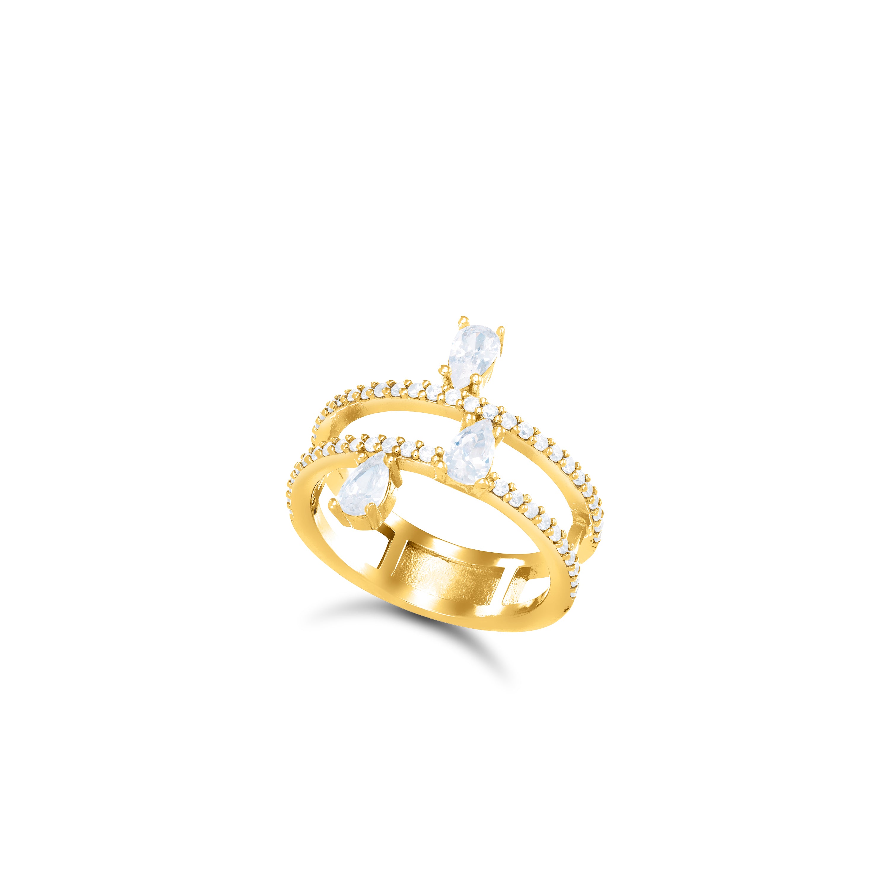 Cubic Zirconia Double Line Three Teardrops Ring - Gold White