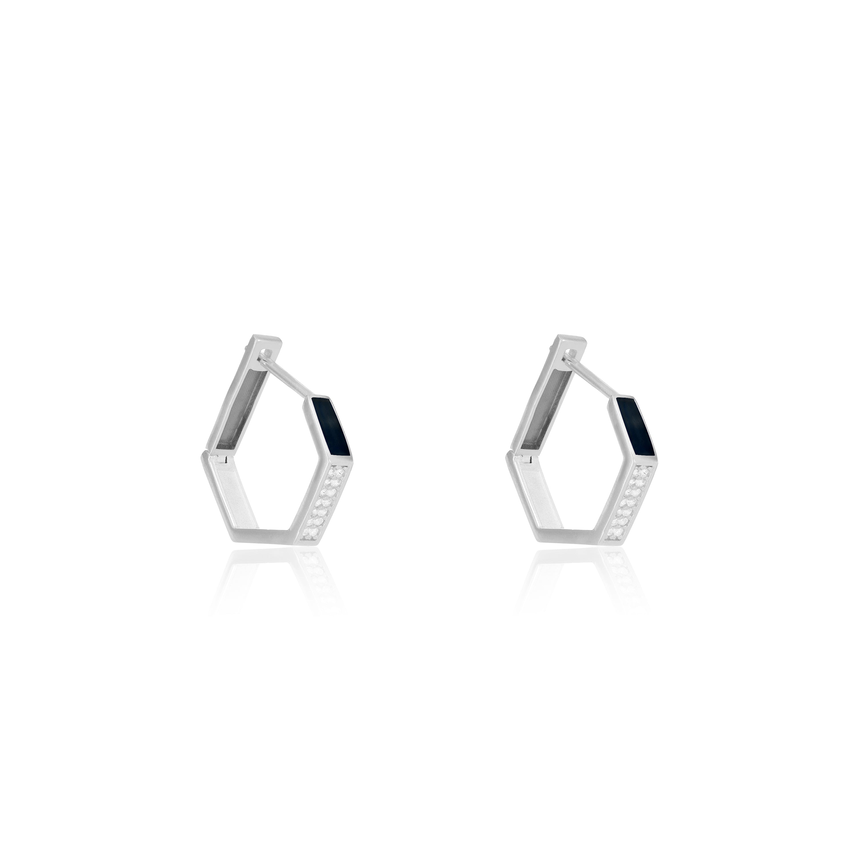 Cubic Zirconia Enamel Hexagon Shaped Hoop Earrings - Silver Black - Big