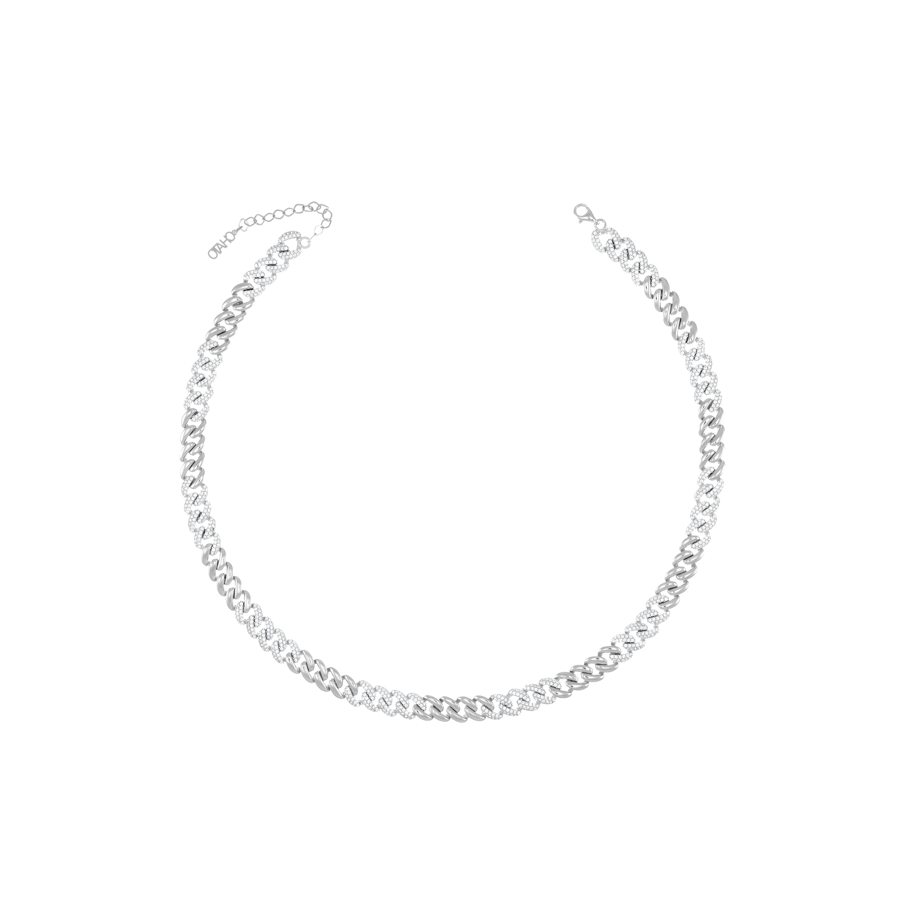 Cubic Zirconia Half Pave Cuban Chain Link Choker - Silver White