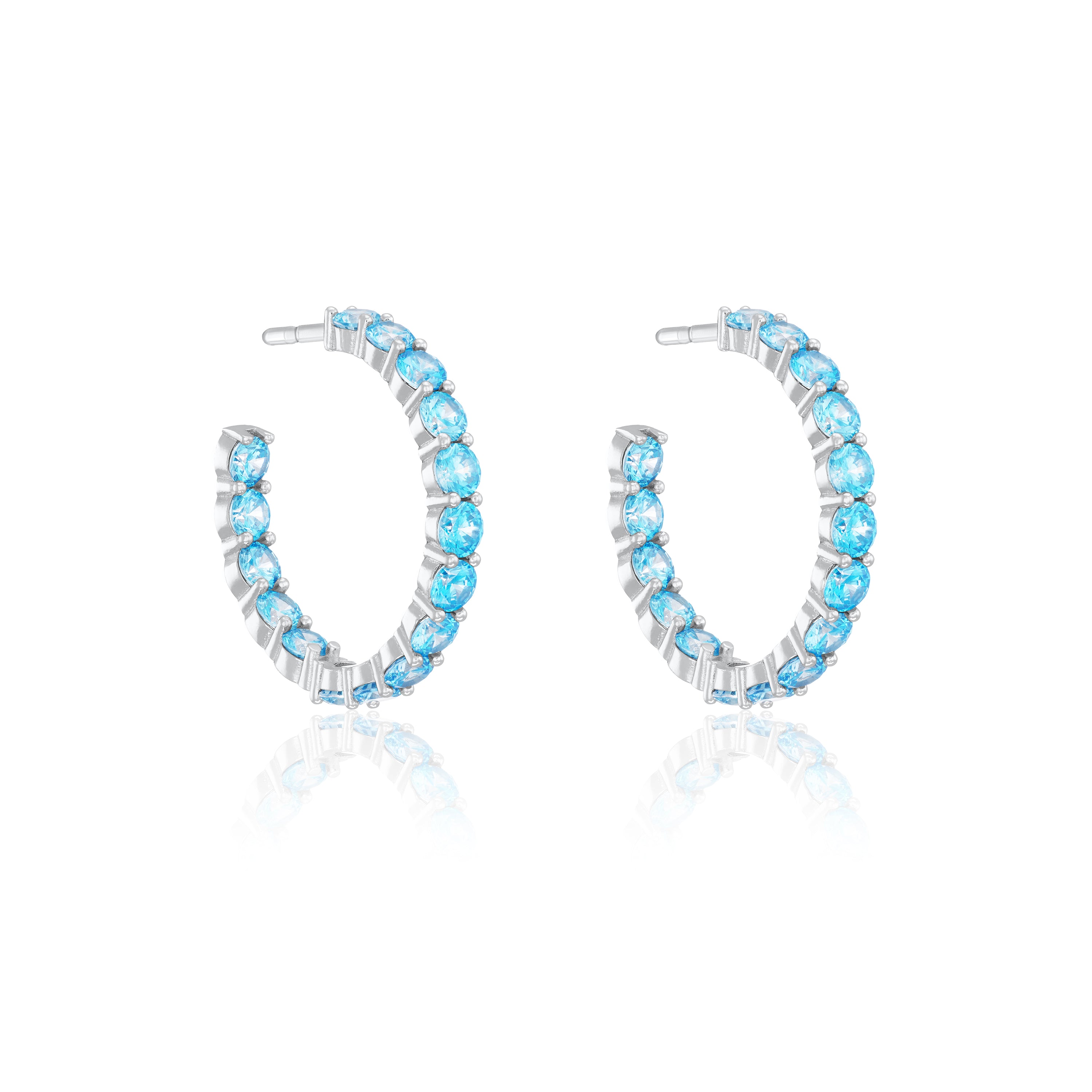Cubic Zirconia Inside Out Semi Hoop Earrings - Silver Aquamarine - Big