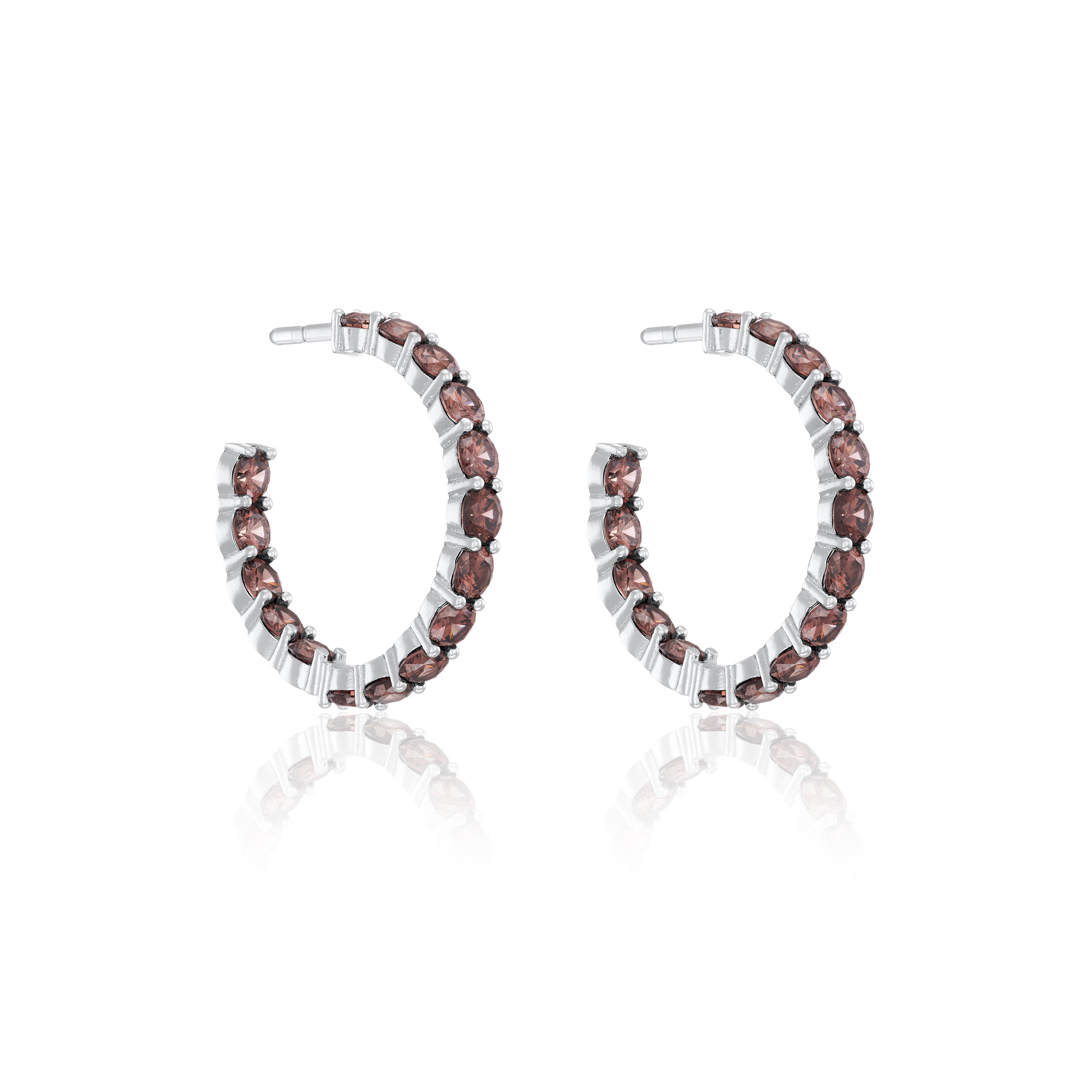 Cubic Zirconia Inside Out Semi Hoop Earrings - Silver Brown - Big