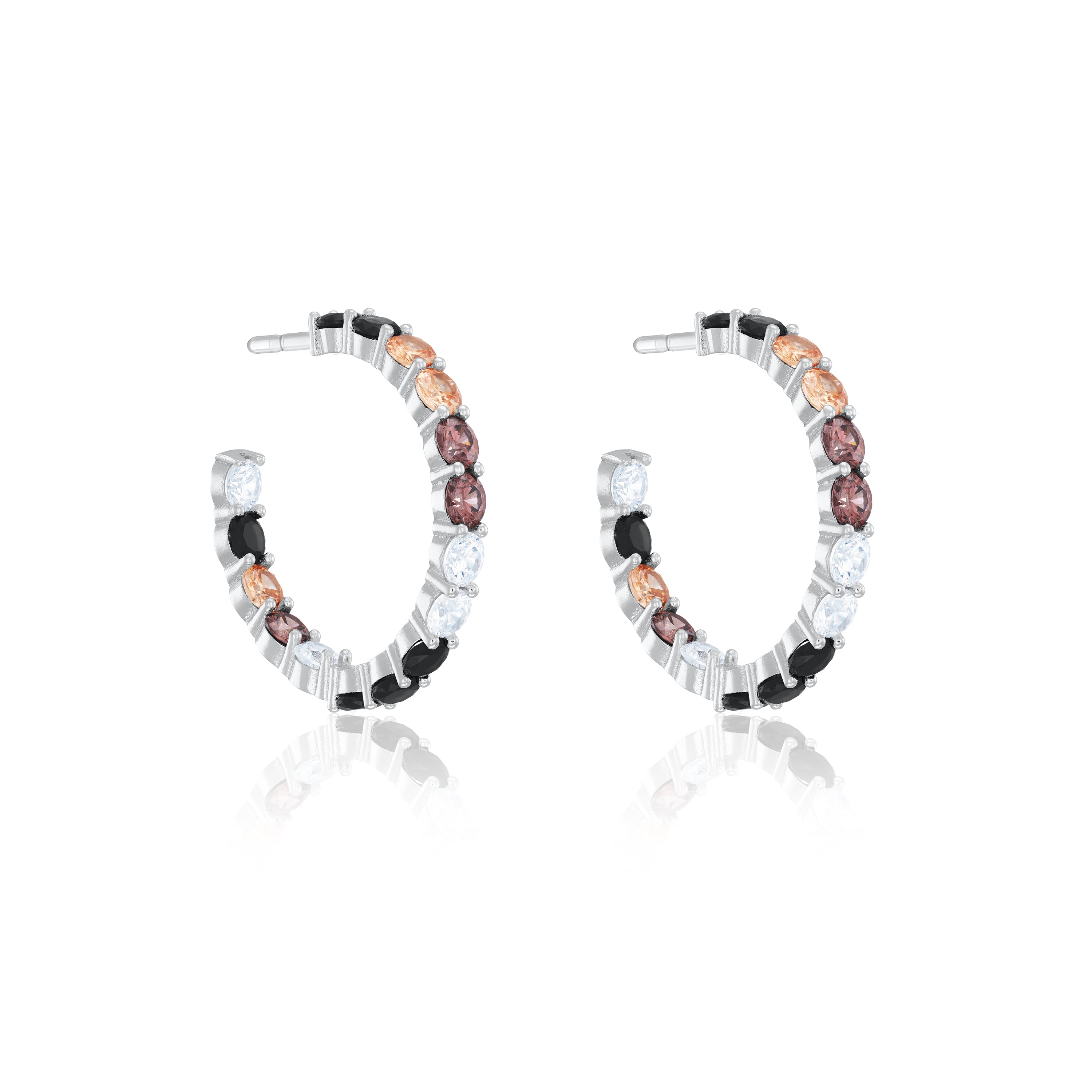 Cubic Zirconia Inside Out Semi Hoop Earrings - Silver Multicolor - Big