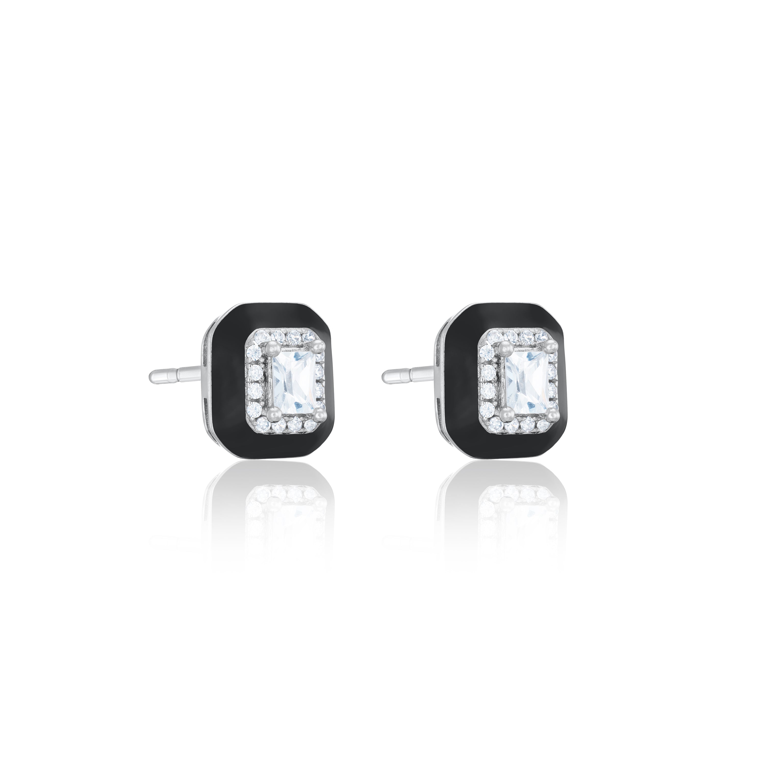 Cubic Zirconia Pave Rectangle Stone With Enamel Stud Earrings