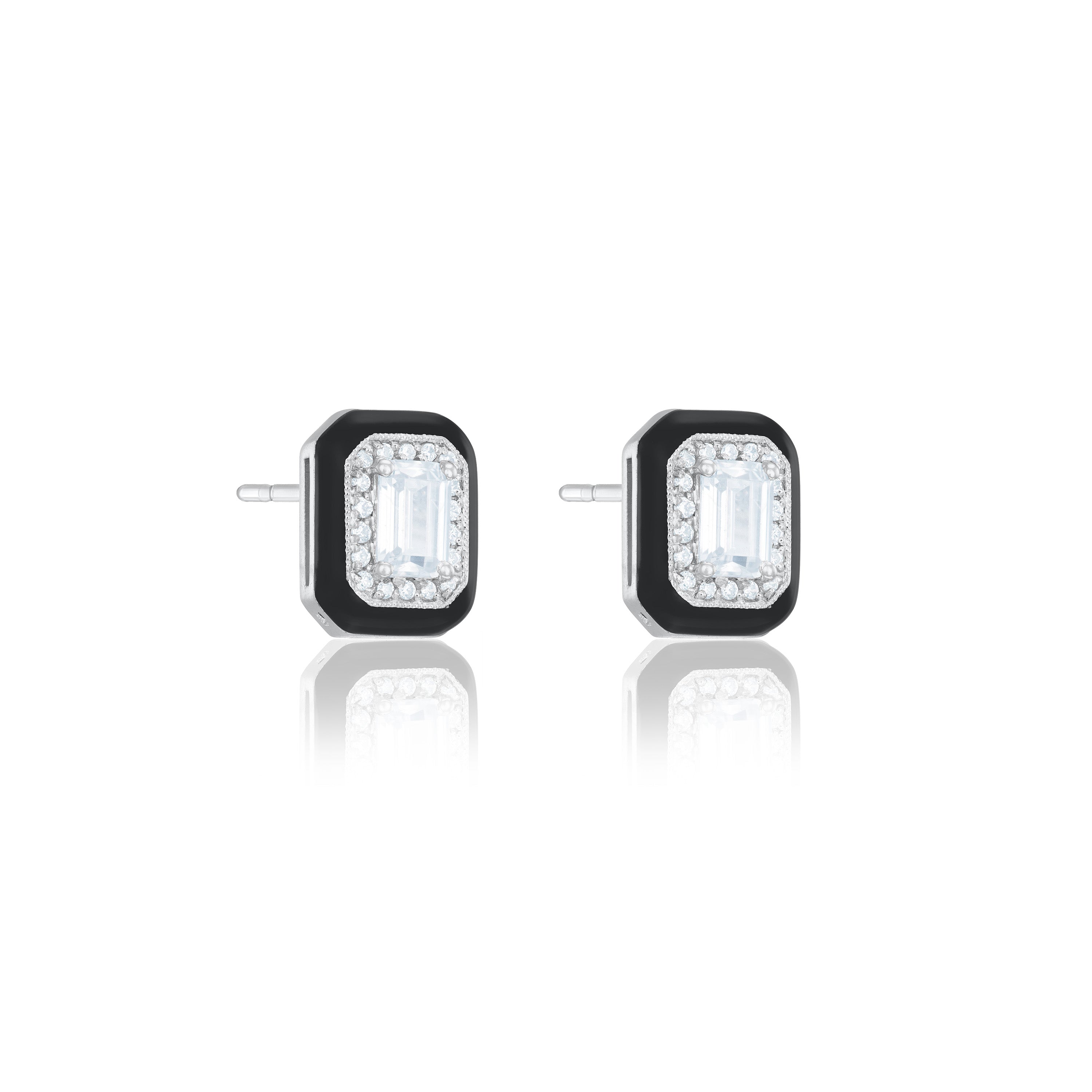 Cubic Zirconia Pave Rectangle Stone With Enamel Stud Earrings
