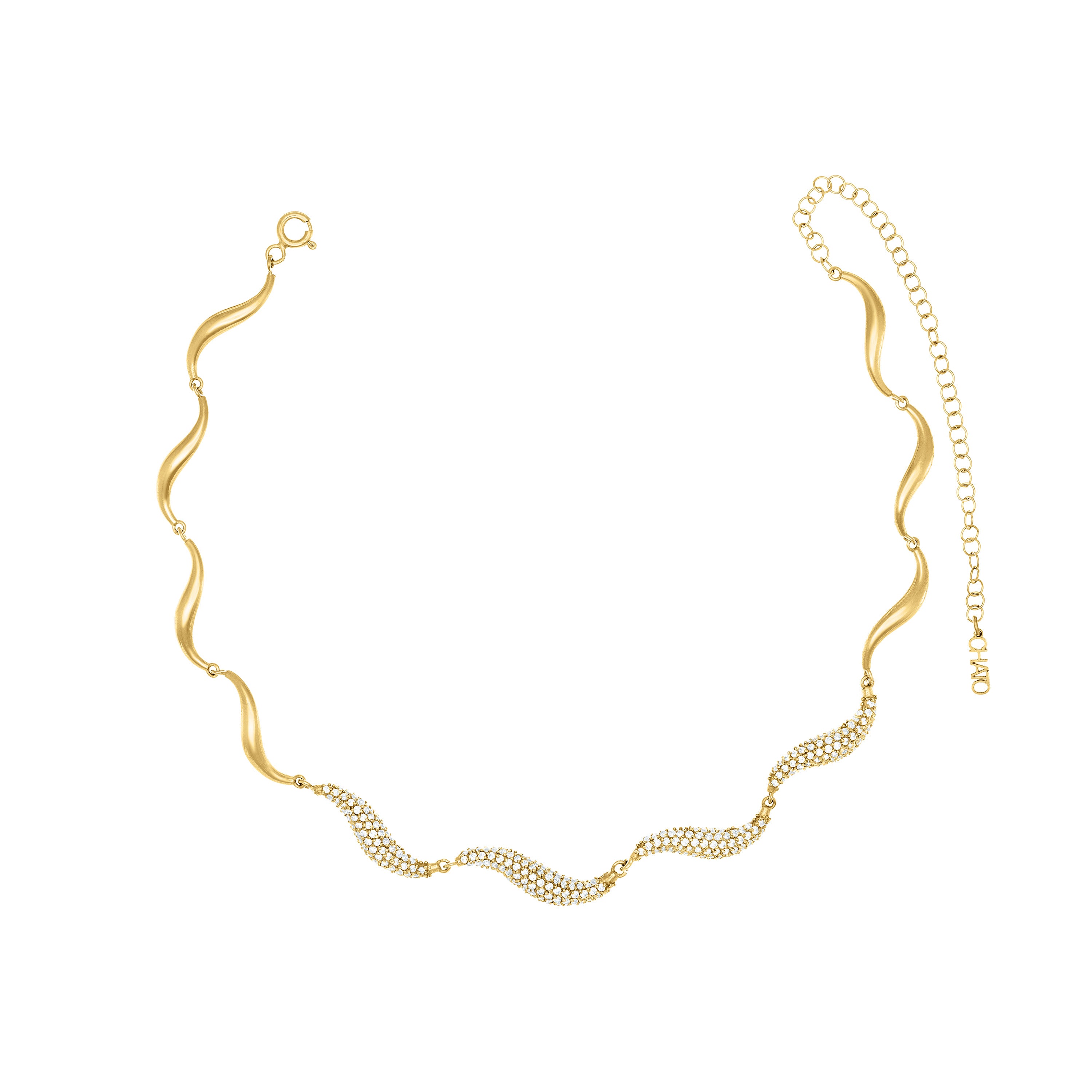 Curved Wave Half Pave CZ Choker - Gold White