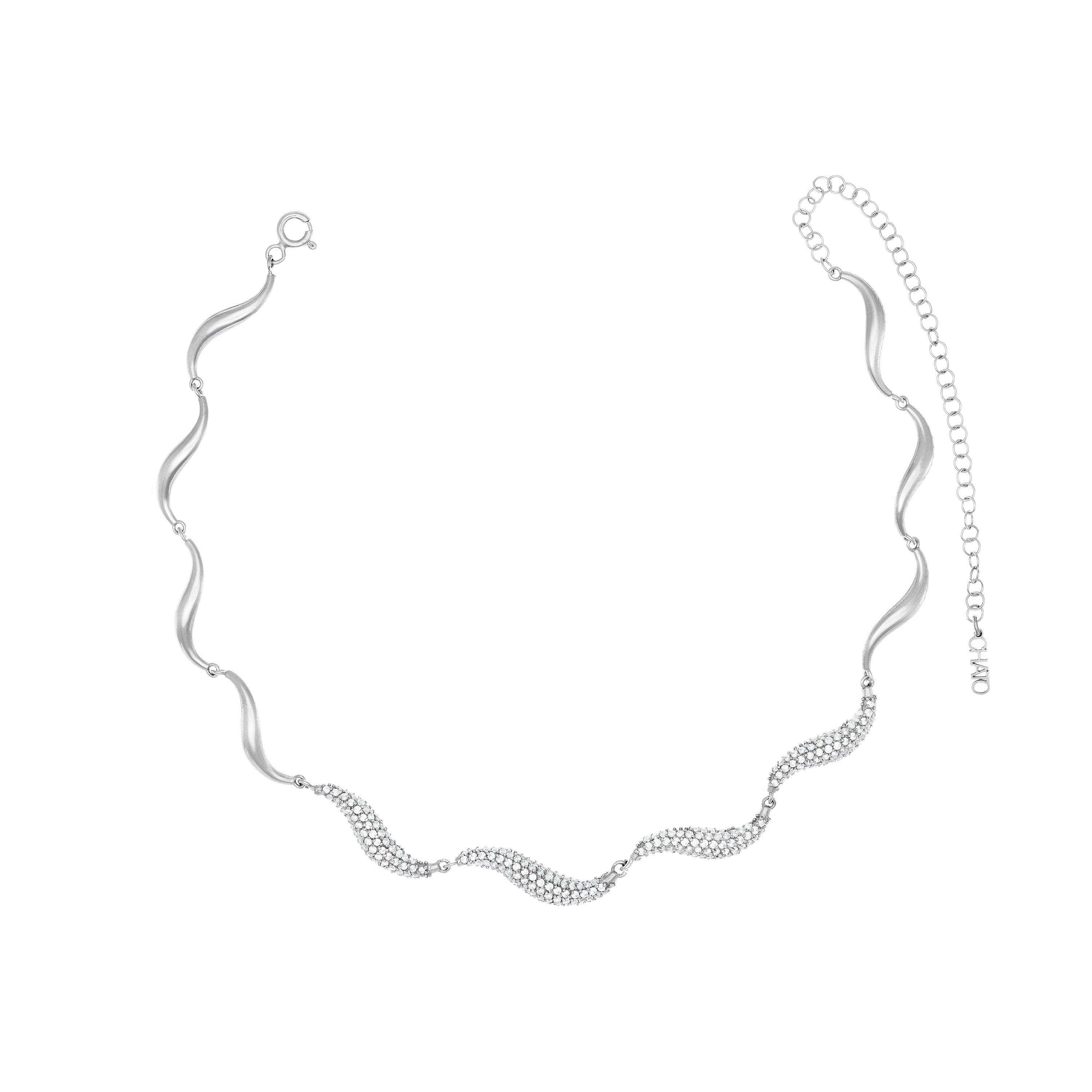 Curved Wave Half Pave CZ Choker - Silver White