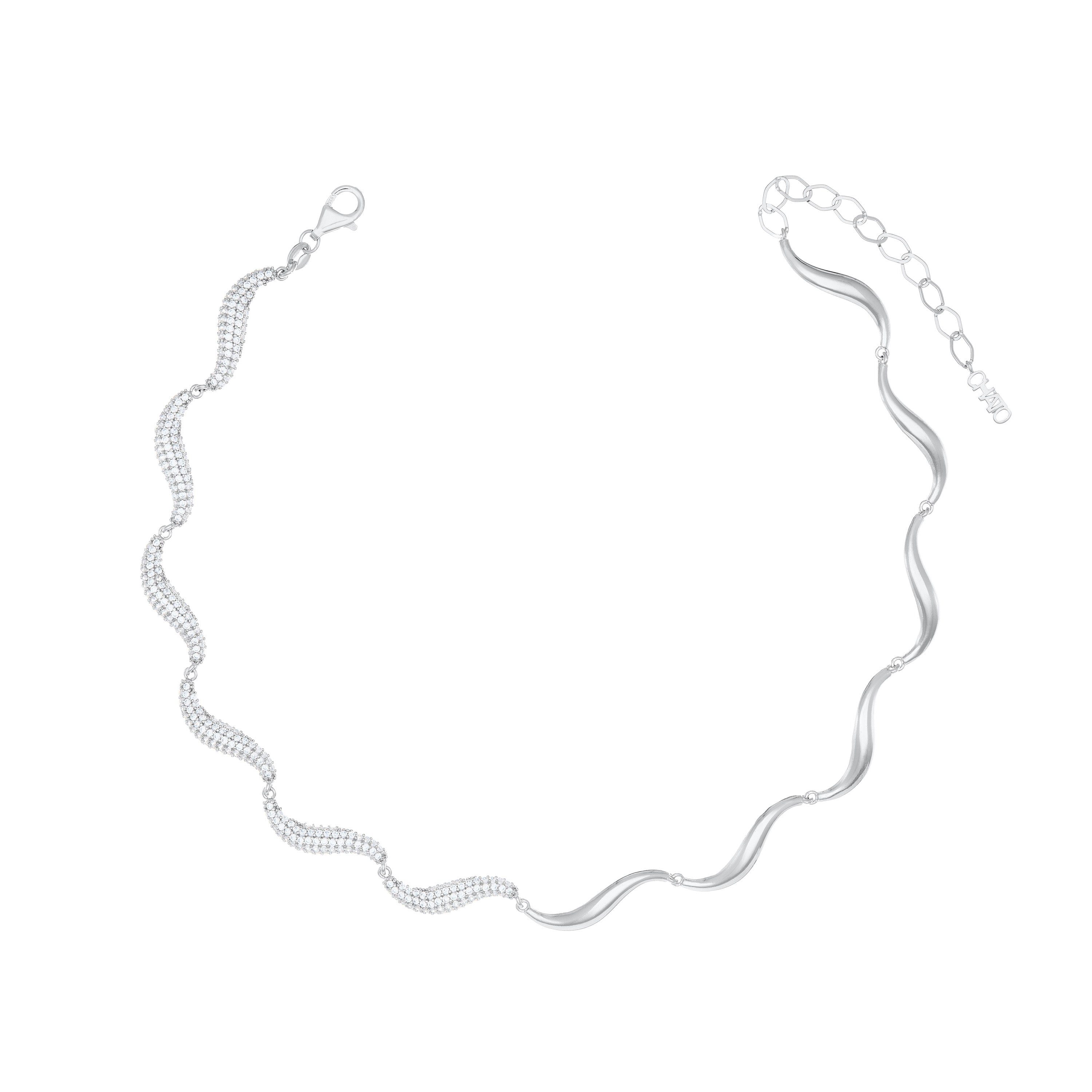 Curved Wave Half Pave CZ Choker - Silver White