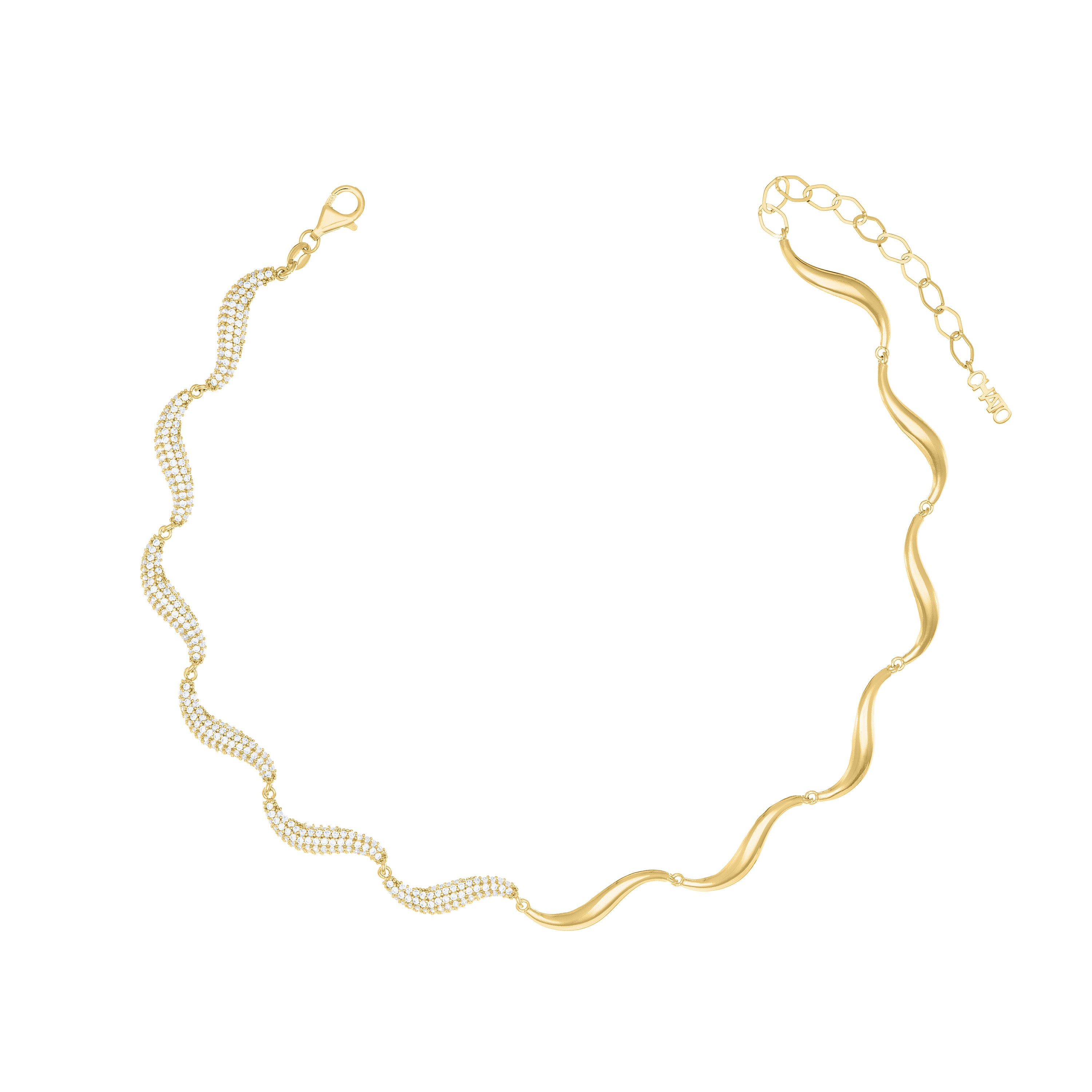 Curved Wave Half Pave CZ Choker - Gold White